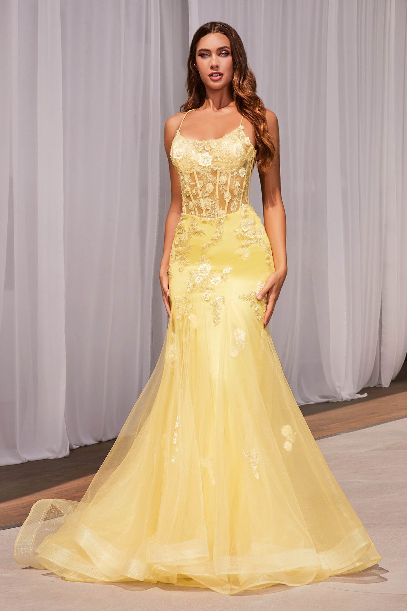 Ladivine D145 Long Sparkly Mermaid Gown Tulle Skirt Corset Back by DiscountDressShop