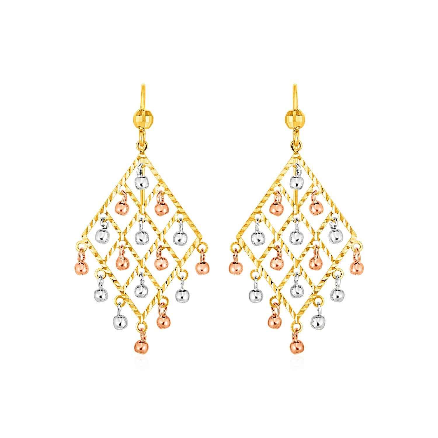 Textured Chandelier Earrings with Ball Drops in 14k Tri Color Gold