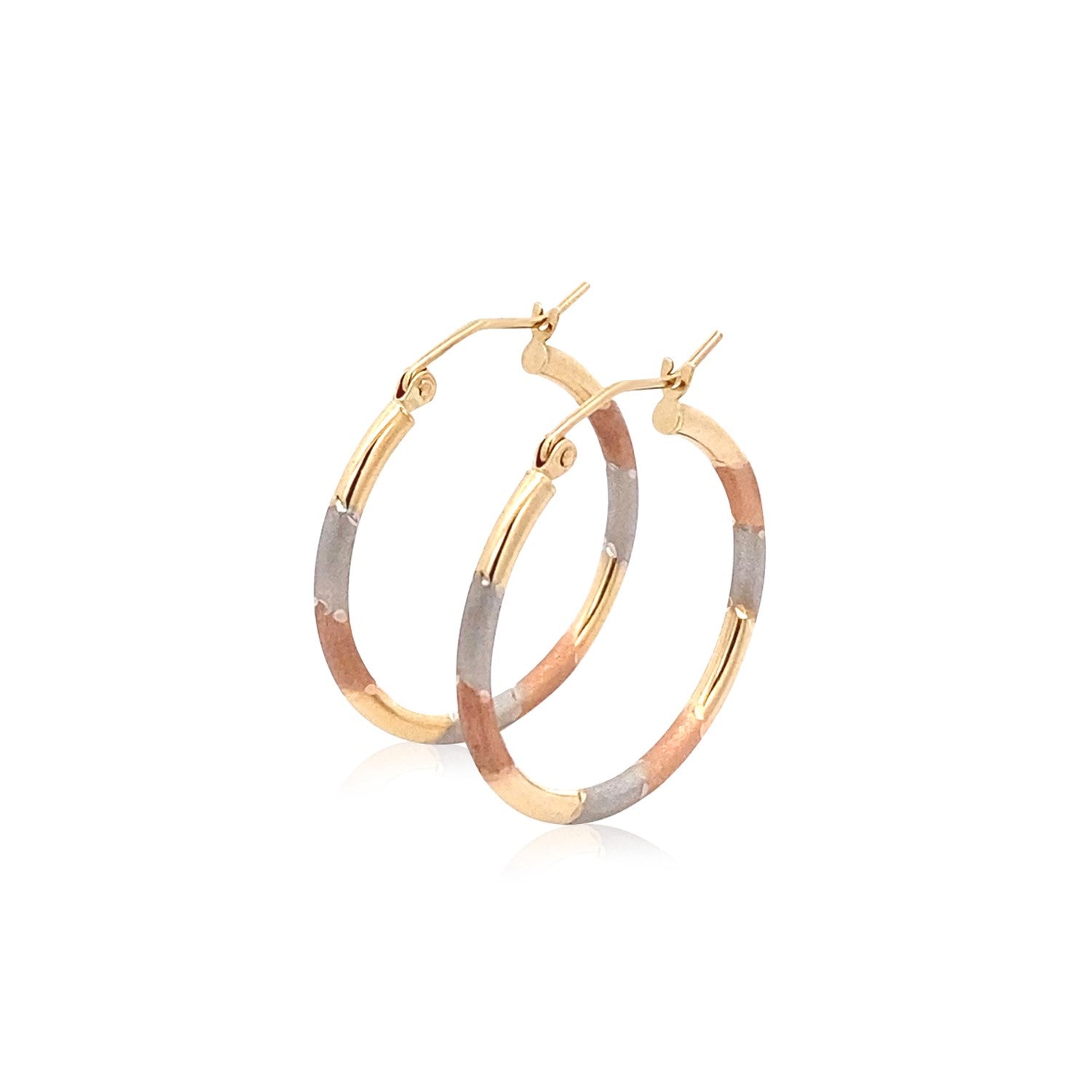 14k Tri-Color Textured Hoop Earrings (2x22mm) by Avera Group