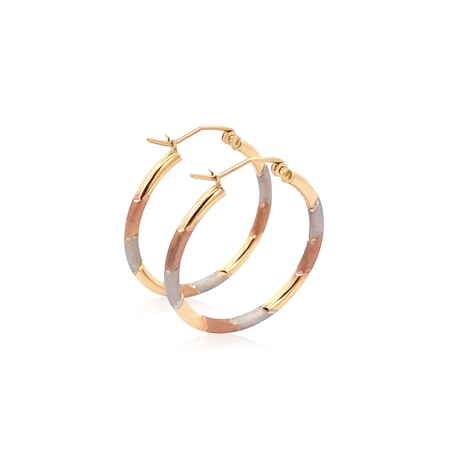 14k Tri-Color Textured Hoop Earrings (2x22mm) by Avera Group