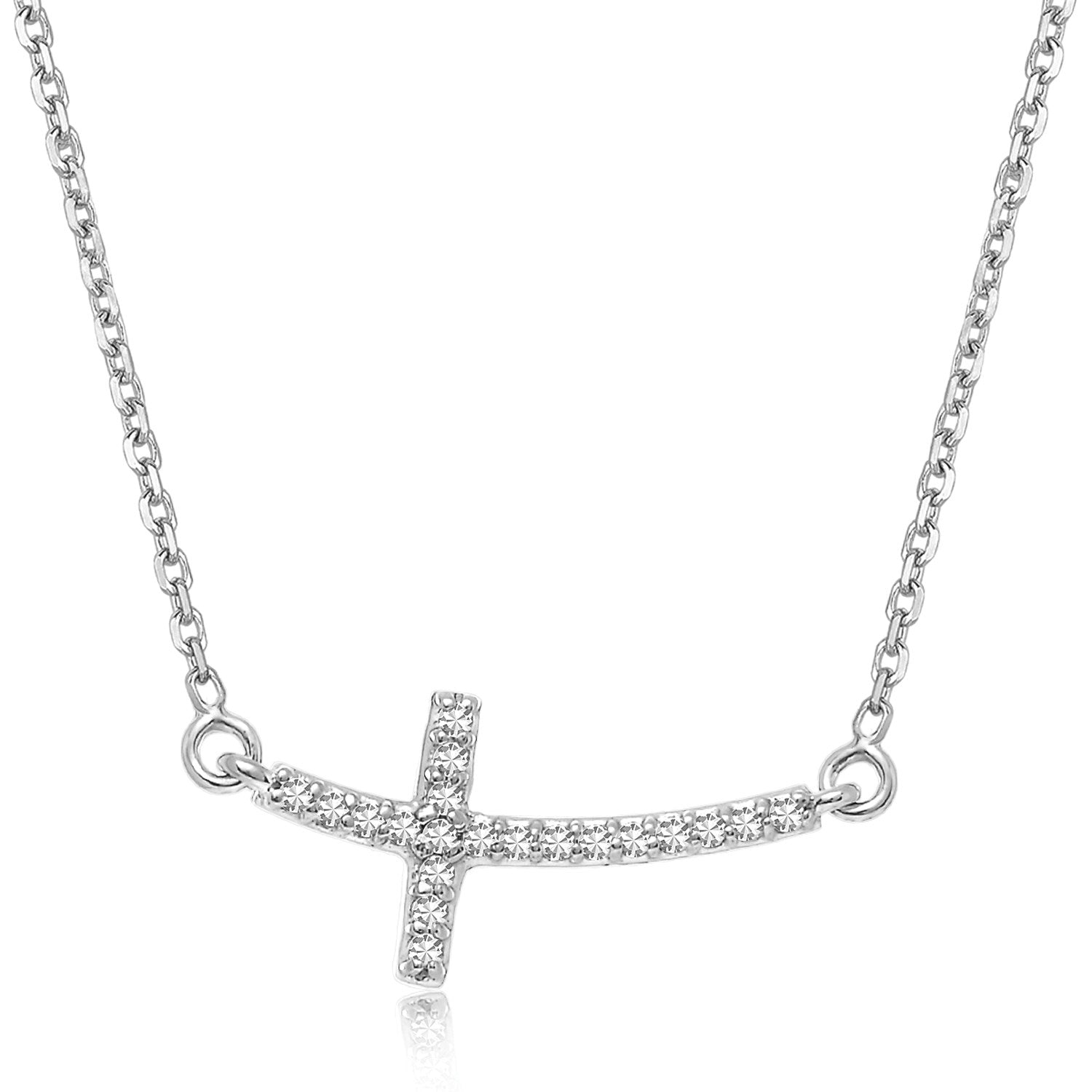 14k White Gold Curved Cross Diamond Studded Necklace (.11cttw) by Bids.com