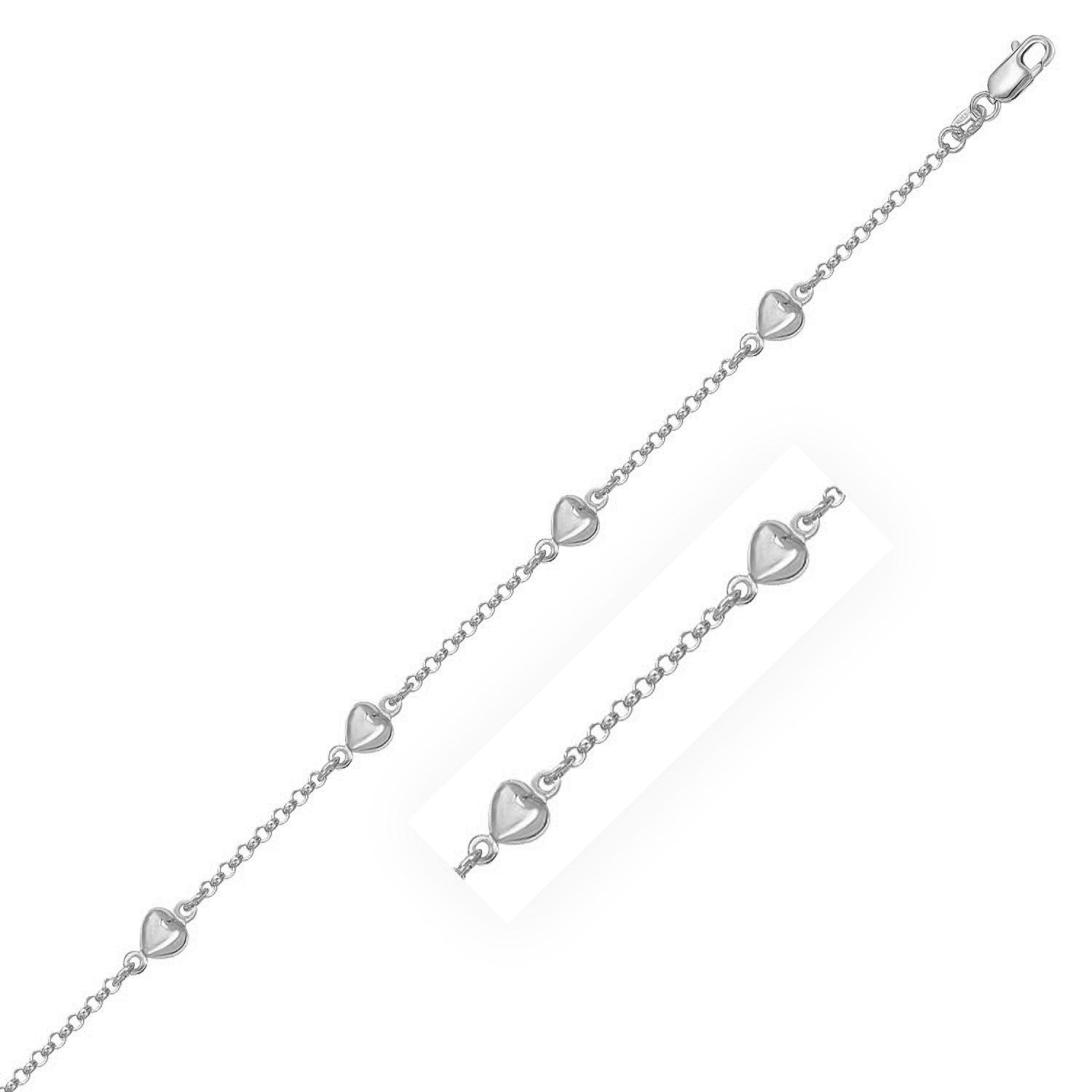 14k White Gold Rolo Chain Bracelet with Puffed Heart Stations (3.30 mm) by Avera Group