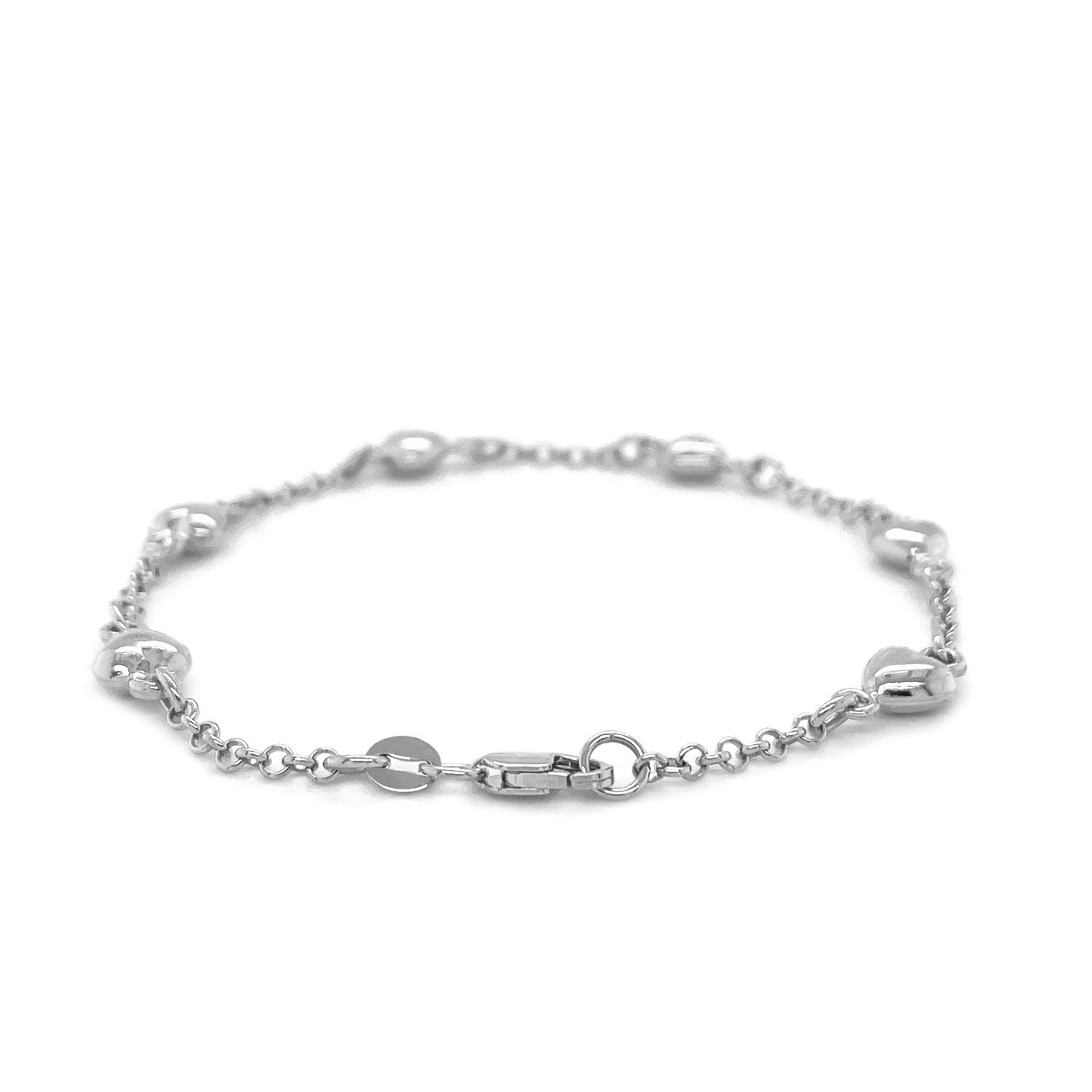 14k White Gold Rolo Chain Bracelet with Puffed Heart Stations by Avera Group