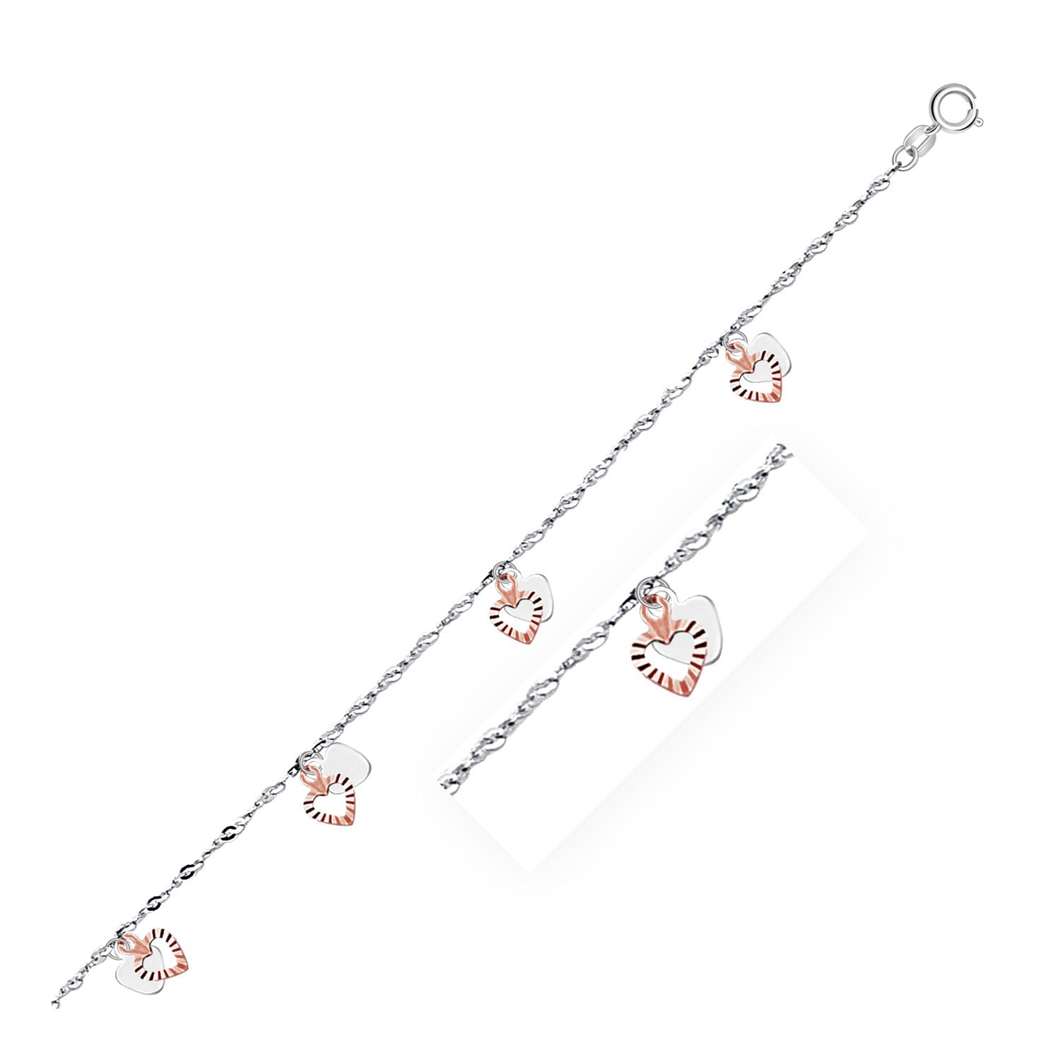 14k White and Rose Gold Anklet with Dual Heart Charms by Avera Group