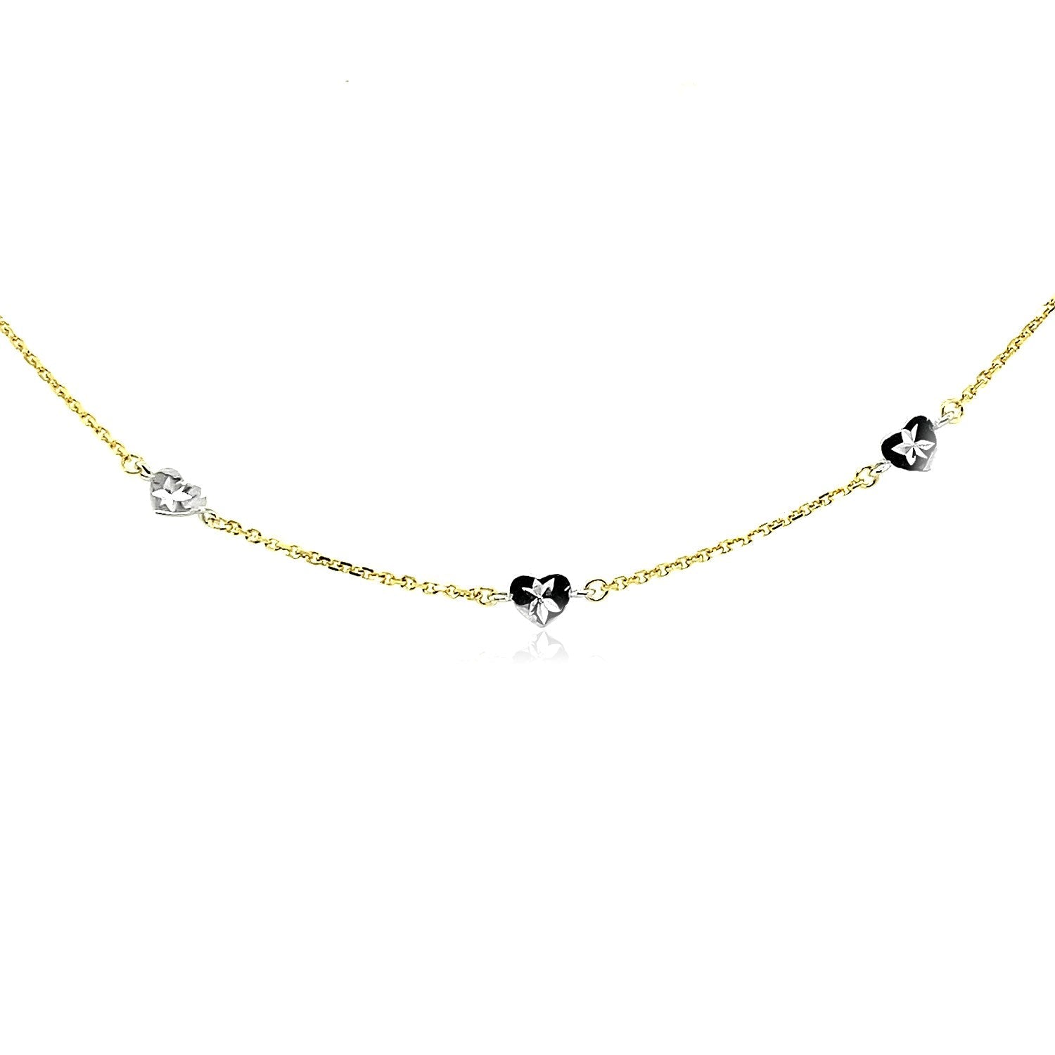 14k Two Tone Gold Anklet with Diamond Cut Heart Style Stations - DestGlow