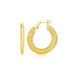 14k Yellow Gold Greek Key Medium Hoop Earrings with Flat Sides - earrings