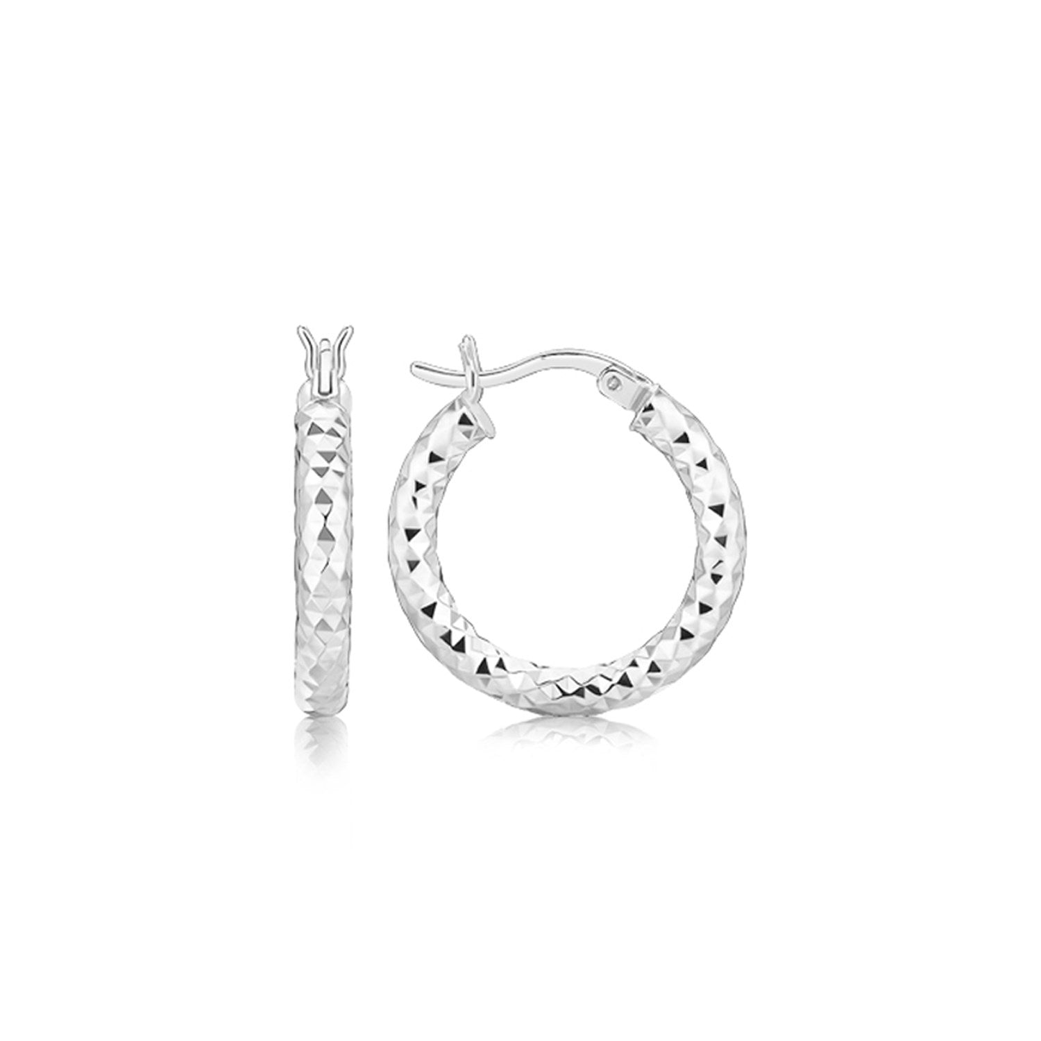 Sterling Silver Polished Rhodium Plated Faceted Hoop Style Earrings(3x15mm) - DestGlow