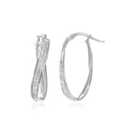 14k White Gold Oval Hoop Twist Glittery Earrings - earrings