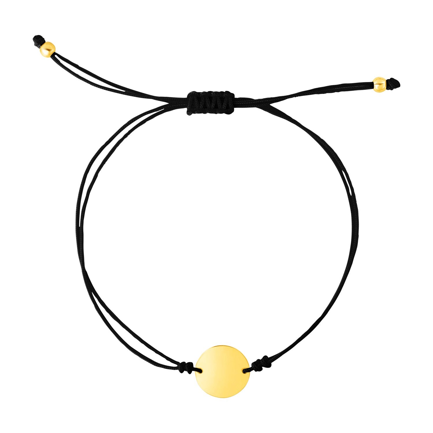 9 1/4 inch Black Cord Adjustable Bracelet with 14k Yellow Gold Circle - DestGlow