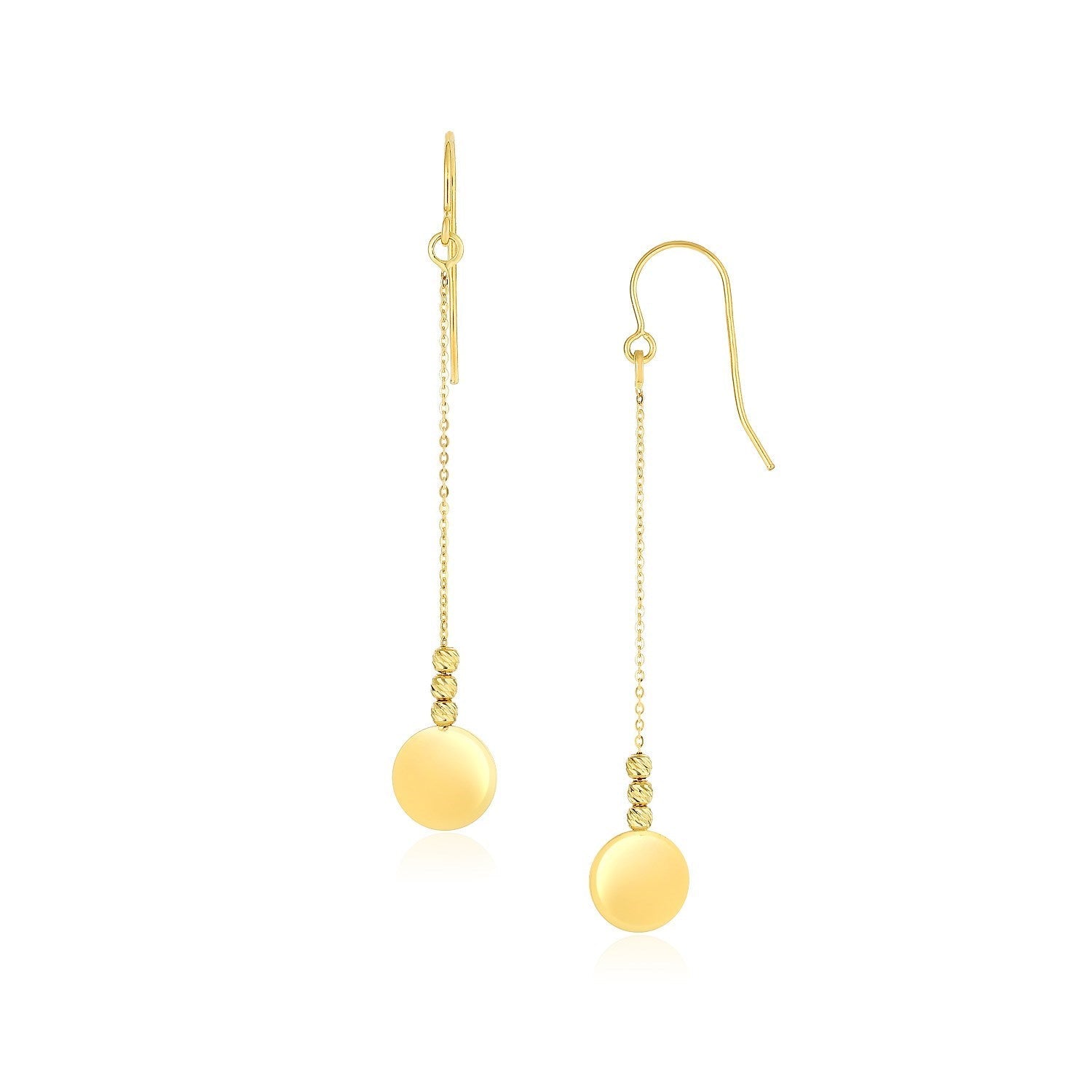 10k Yellow Gold Bead and Shiny Disc Drop Earrings - earrings