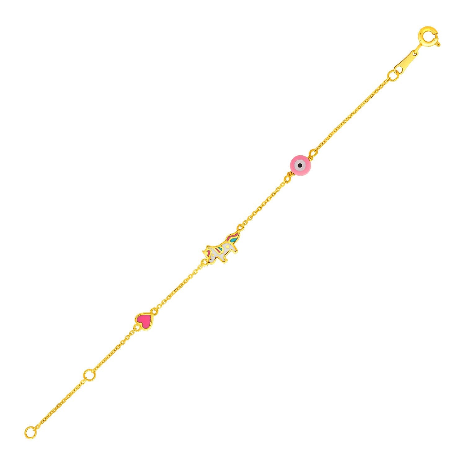 14k Yellow Gold 5 1/2 inch Childrens Bracelet with Enameled Heart Unicorn and Circle by Avera Group