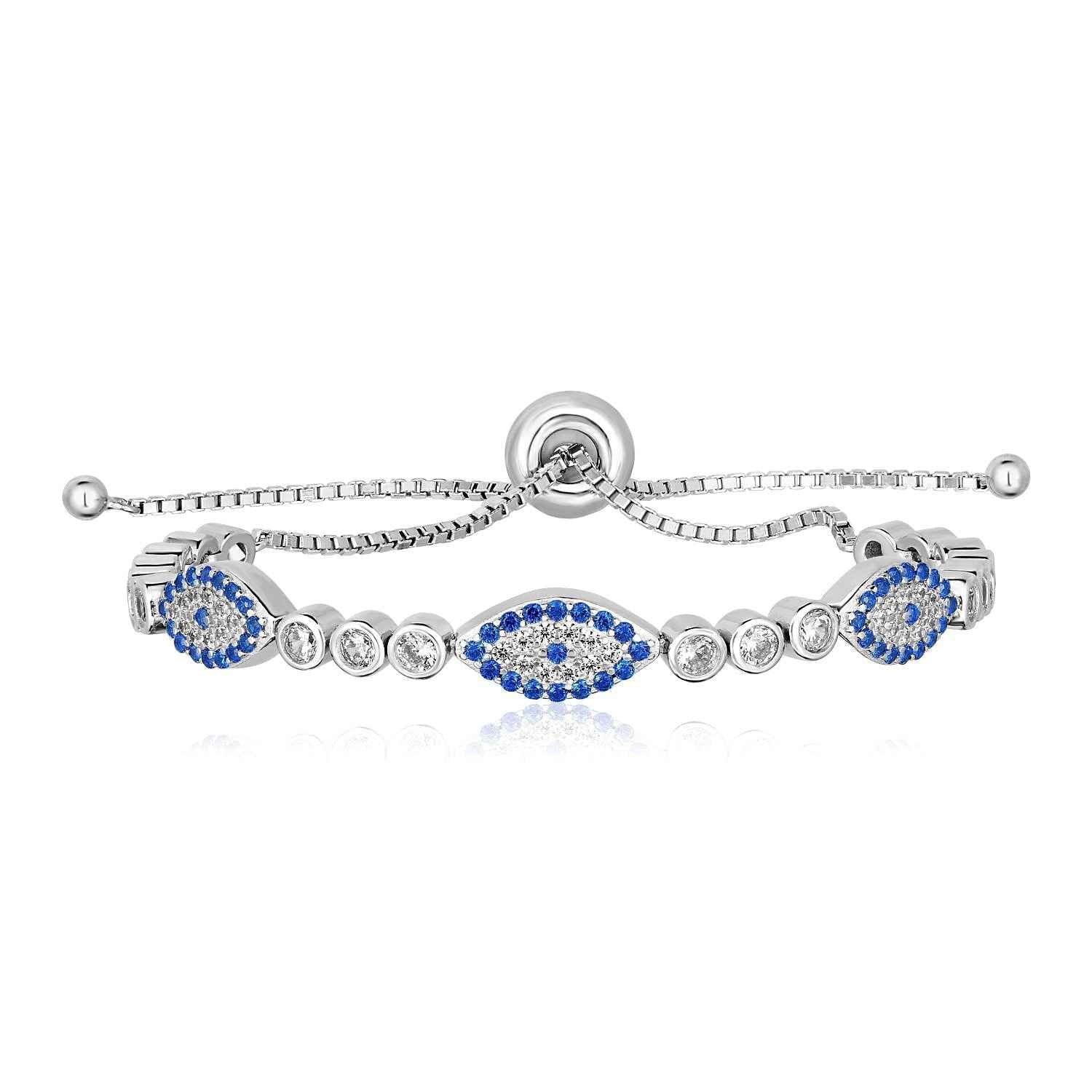 Sterling Silver Adjustable Enameled Evil Eye Bracelet with Cubic Zirconias DestGlow