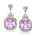 18k Yellow Gold & Sterling Silver Cushion Amethyst & Diamond Earrings (.05cttw) - DestGlow