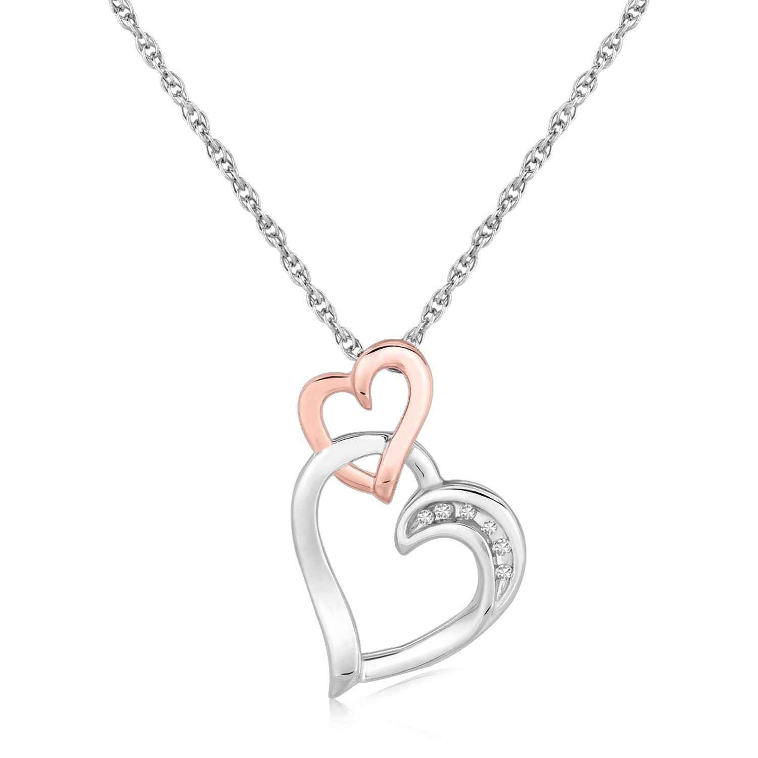 Sterling Silver Cascading Dual Heart Diamond Accented Pendant (.02 cttw) DestGlow