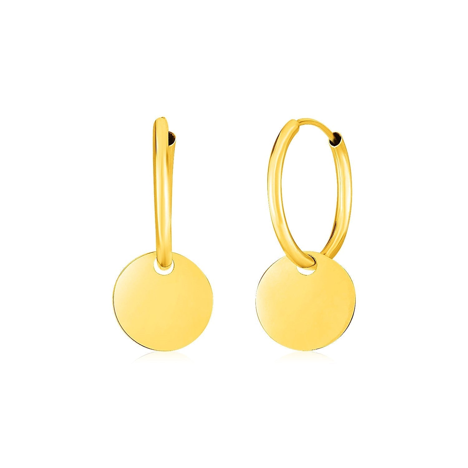 14k Yellow Gold Huggie Style Hoop Earrings with Circle Drops DestGlow