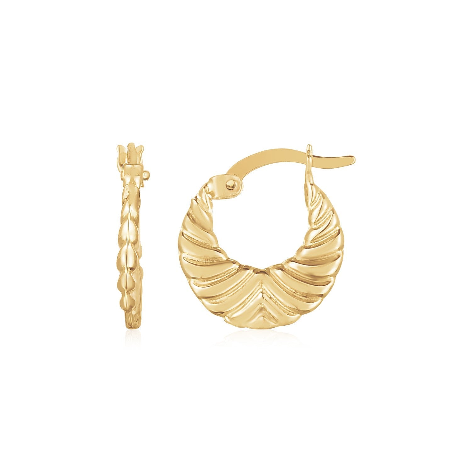 14K Yellow Gold Graduated Grooved Fancy Hoop Earrings - earrings