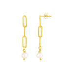 14k Yellow Gold Paperclip Chain Link Earrings with Pearls - necklaces