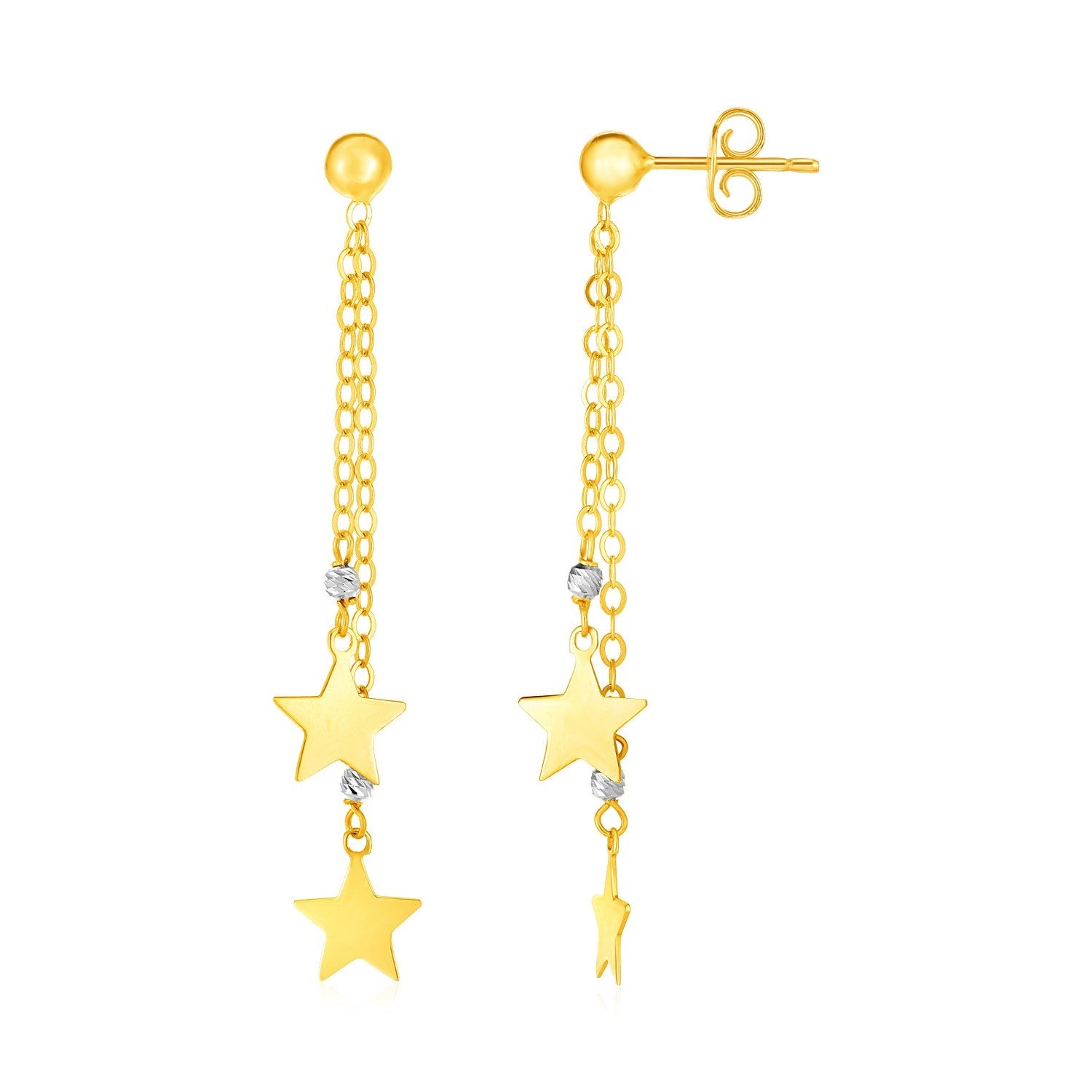 14k Two Tone Gold Drop Earrings with Polished Stars - earrings