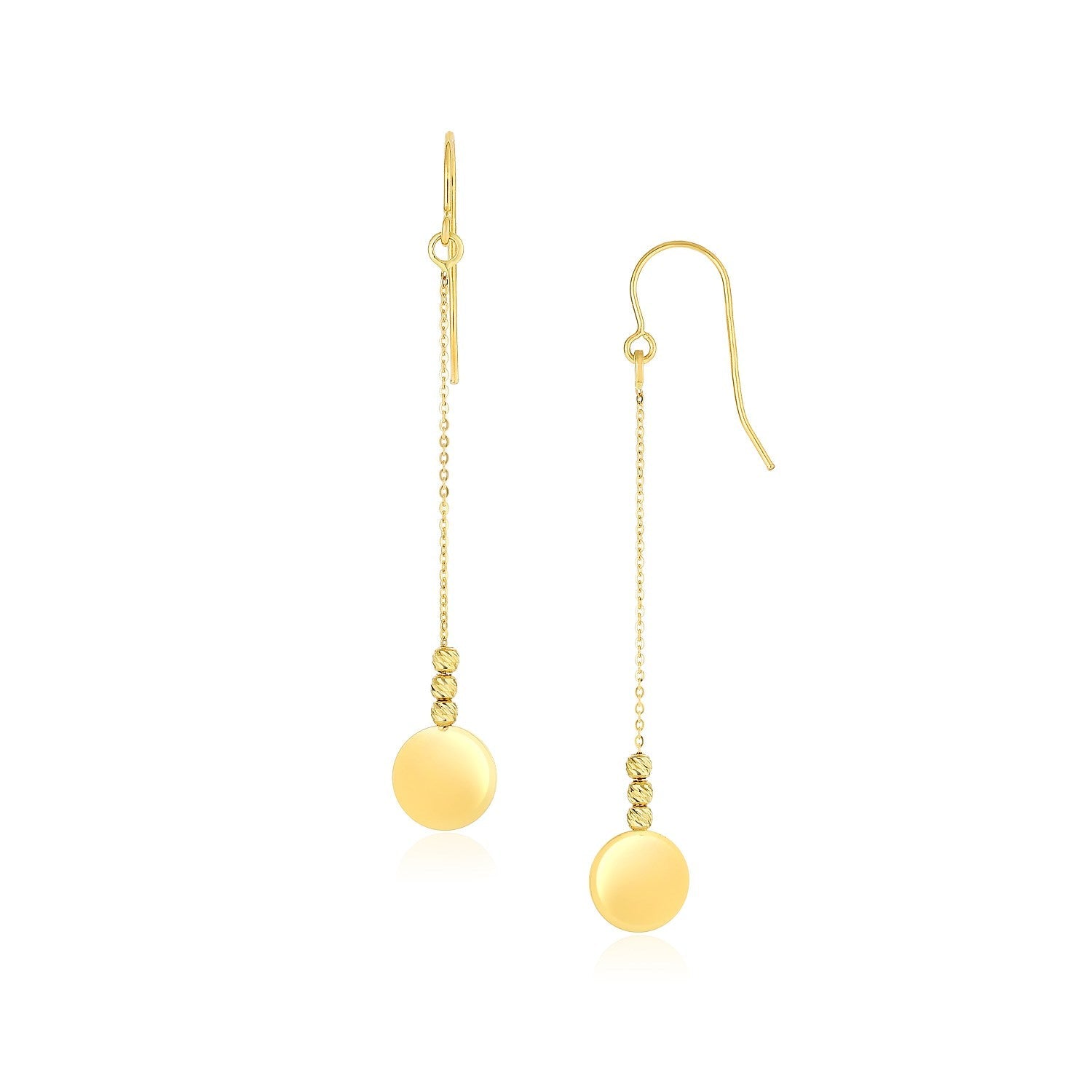 14k Yellow Gold Bead and Shiny Disc Drop Earrings - earrings