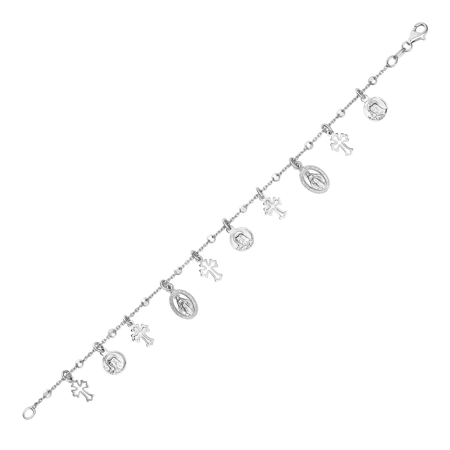 Sterling Silver 7 1/4 inch Bracelet with Crosses and Religious Medal Charms DestGlow