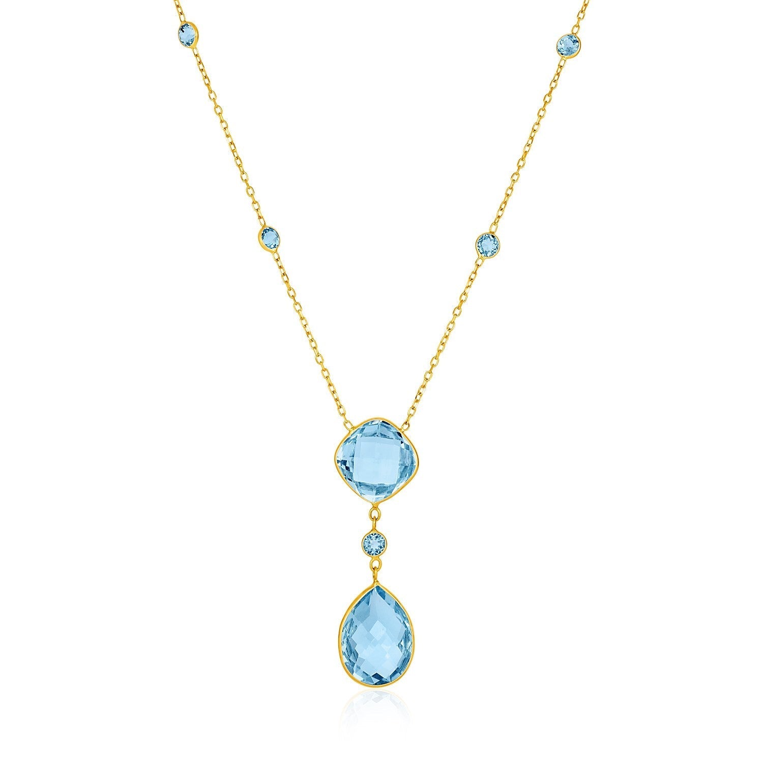 14k Yellow Gold Necklace with Pear-Shaped and Cushion Blue Topaz Briolettes DestGlow