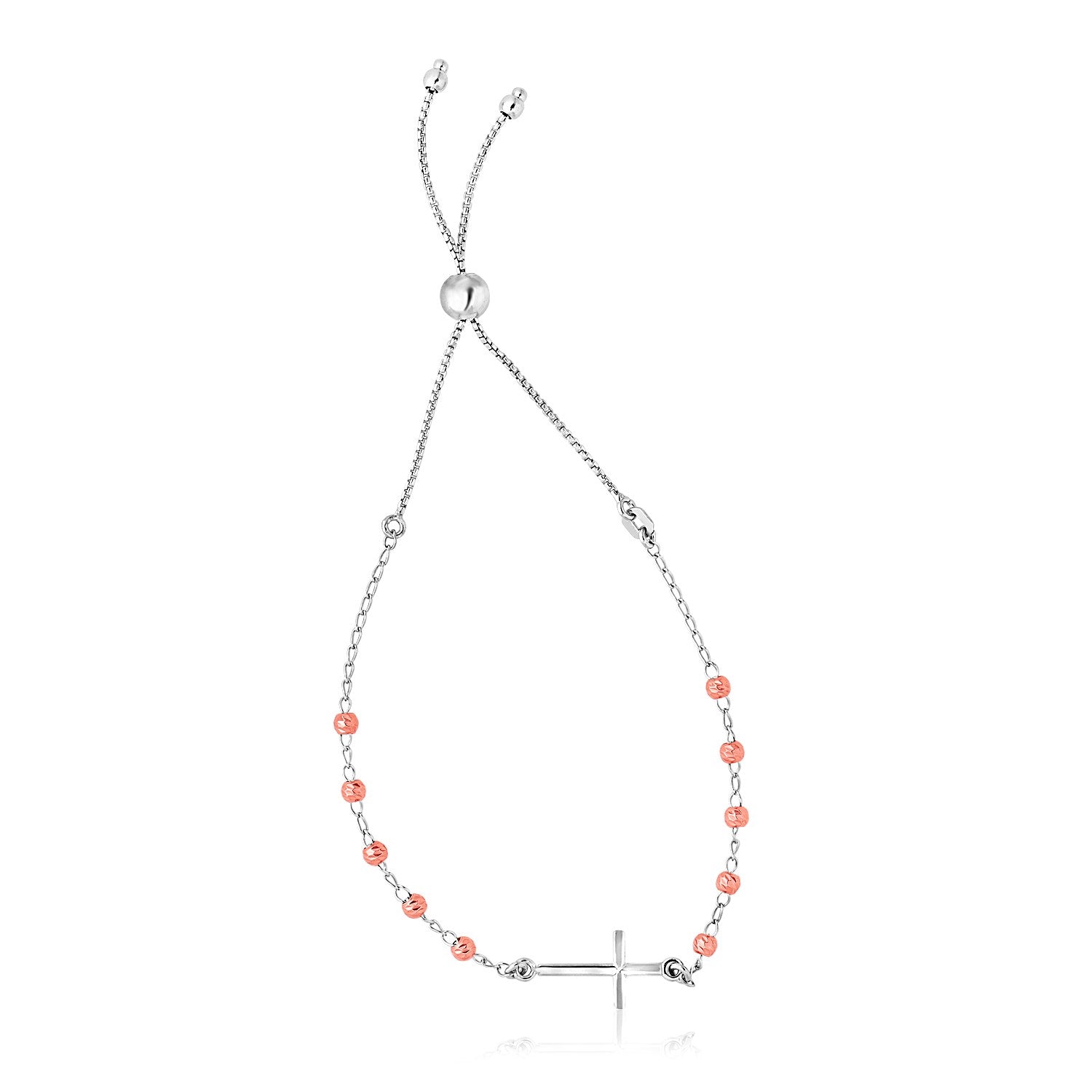 Sterling Silver White and Rose Finish Adjustable Bracelet with Cross - DestGlow