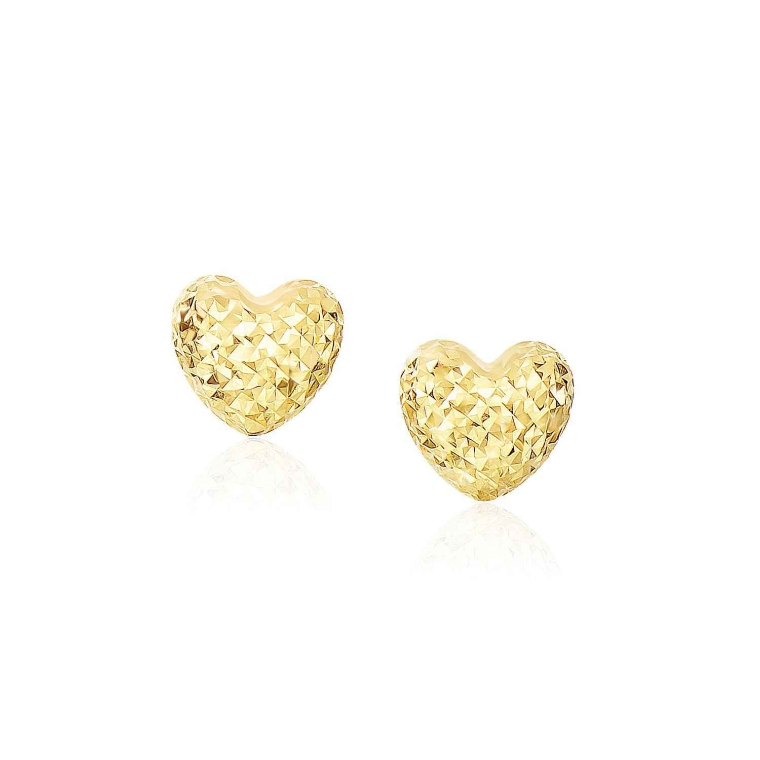 14k Yellow Gold Puffed Heart Earrings with Diamond Cuts DestGlow