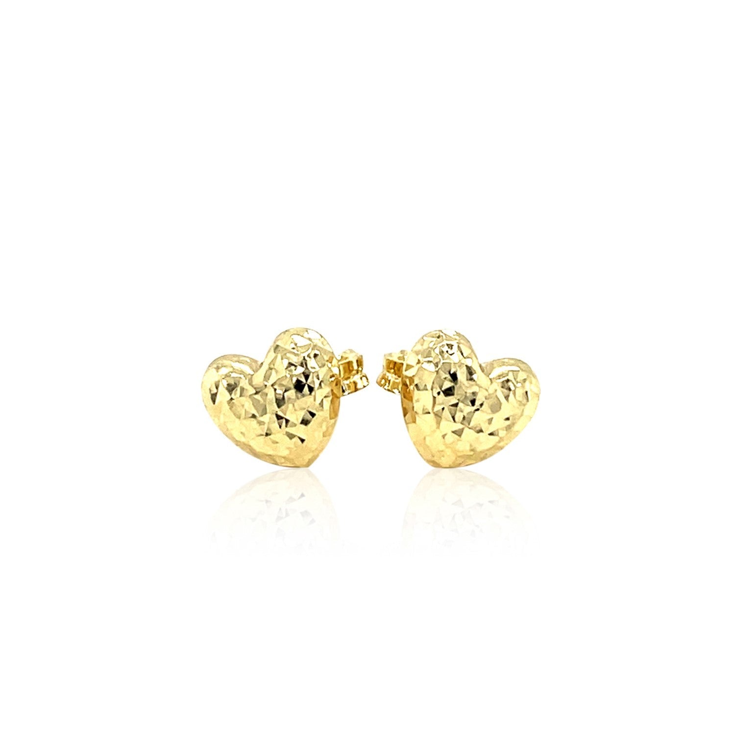14k Yellow Gold Puffed Heart Earrings with Diamond Cuts(8mm) - DestGlow