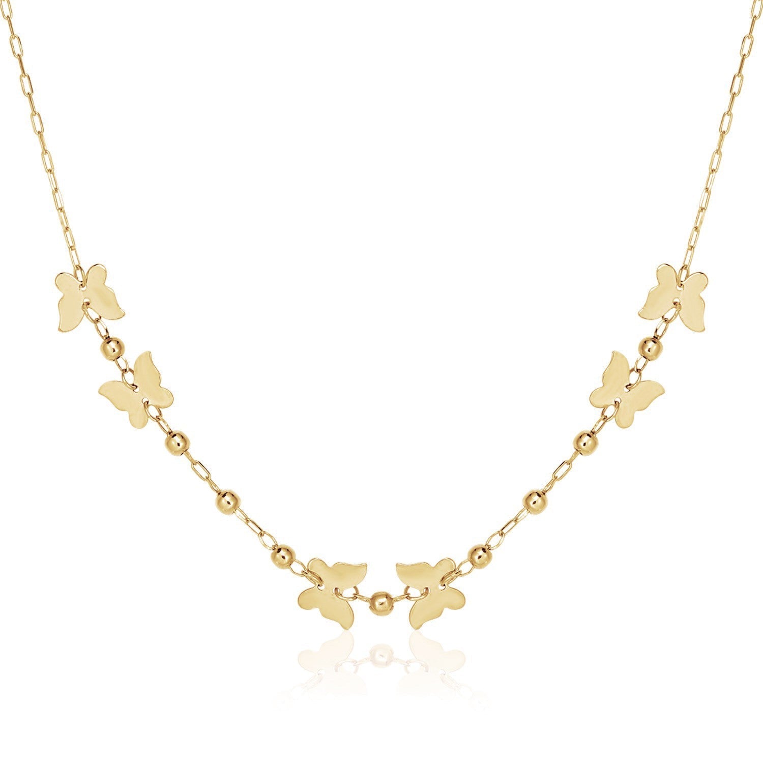 14k Yellow Gold 18 inch Necklace with Polished Butterflies and Beads DestGlow
