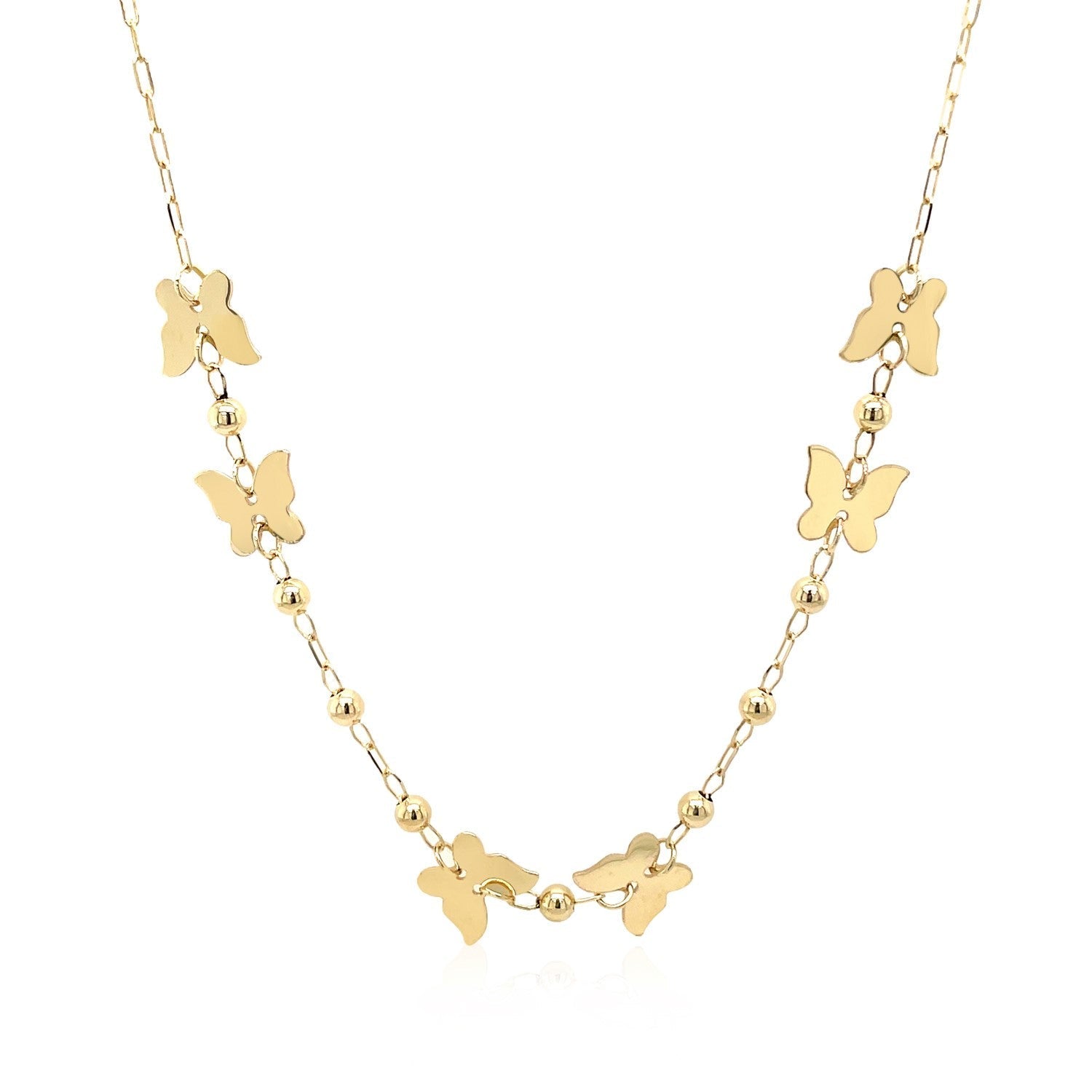 14k Yellow Gold 18 inch Necklace with Polished Butterflies and Beads DestGlow