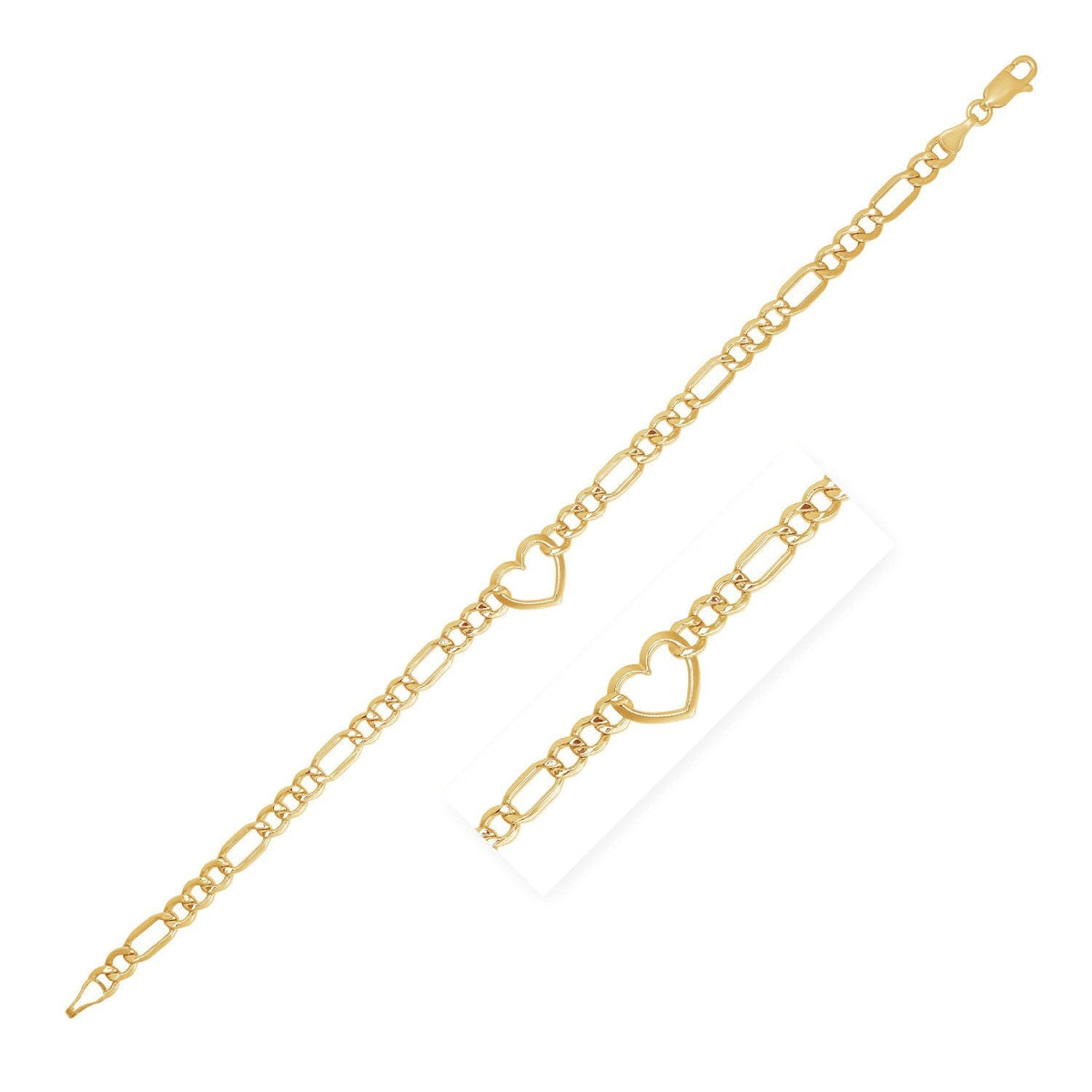 14k Yellow Gold 7 inch Figaro Chain Bracelet with Heart DestGlow