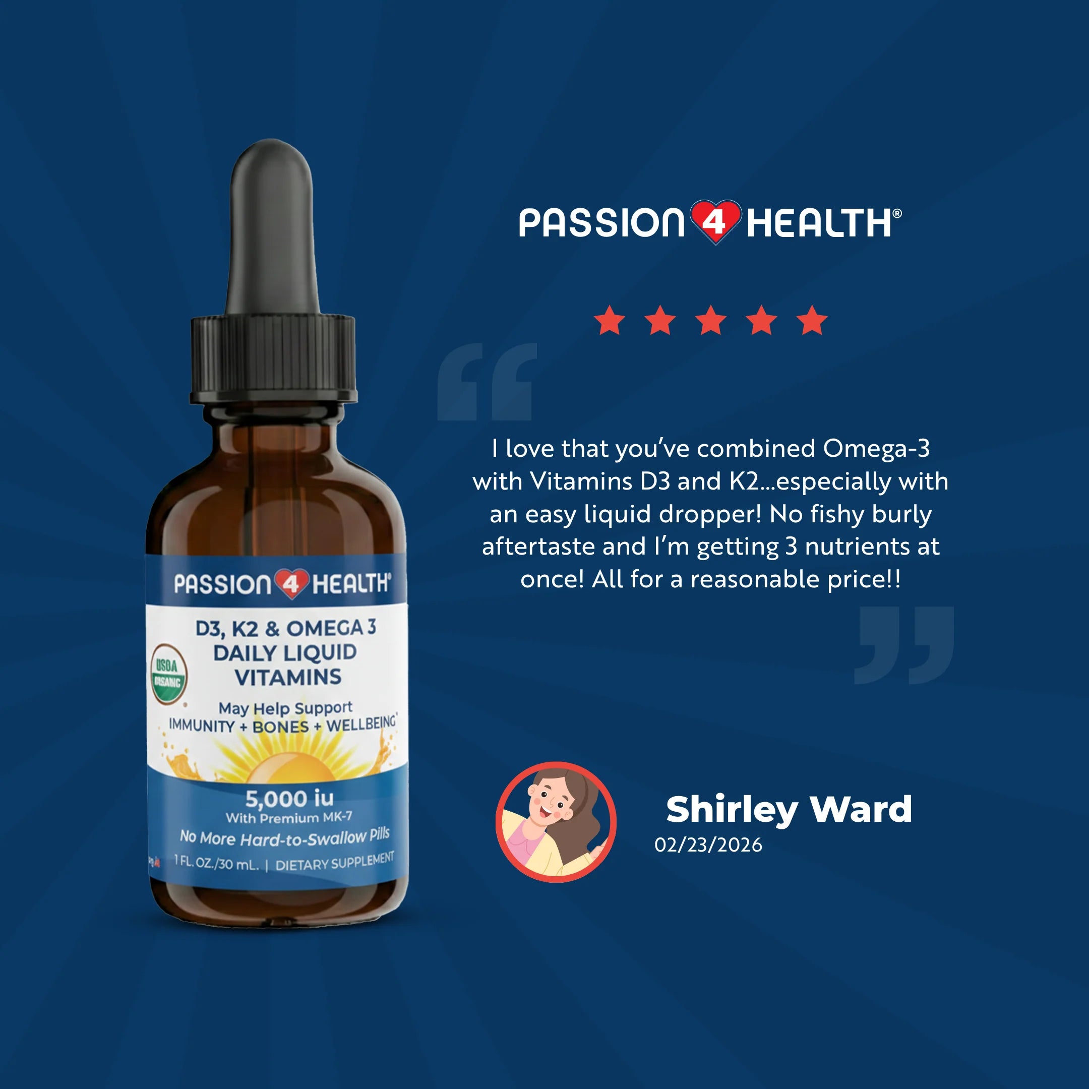 D3, K2 & Omega-3 Daily Liquid Vitamins by Passion 4 Health