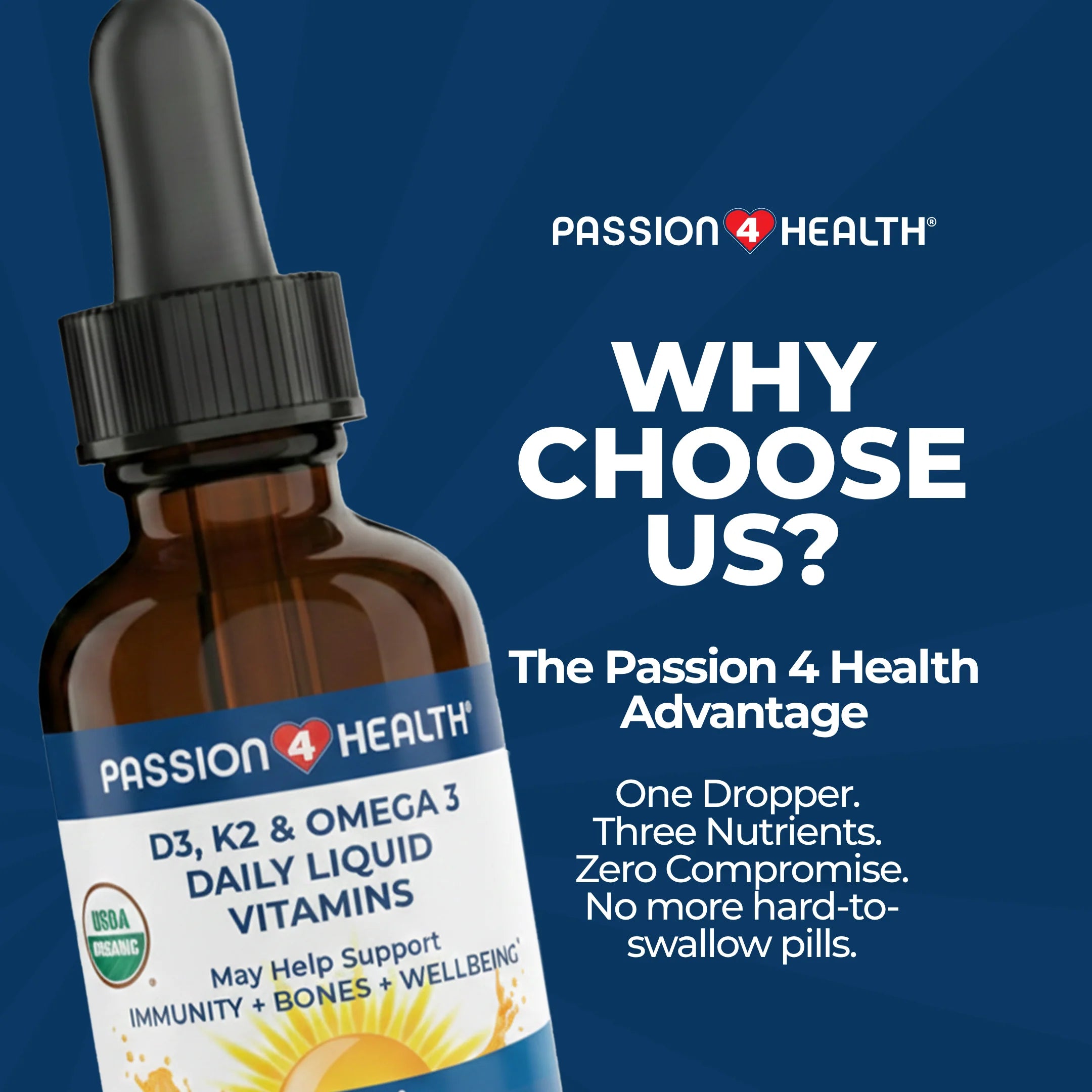 D3, K2 & Omega-3 Daily Liquid Vitamins by Passion 4 Health