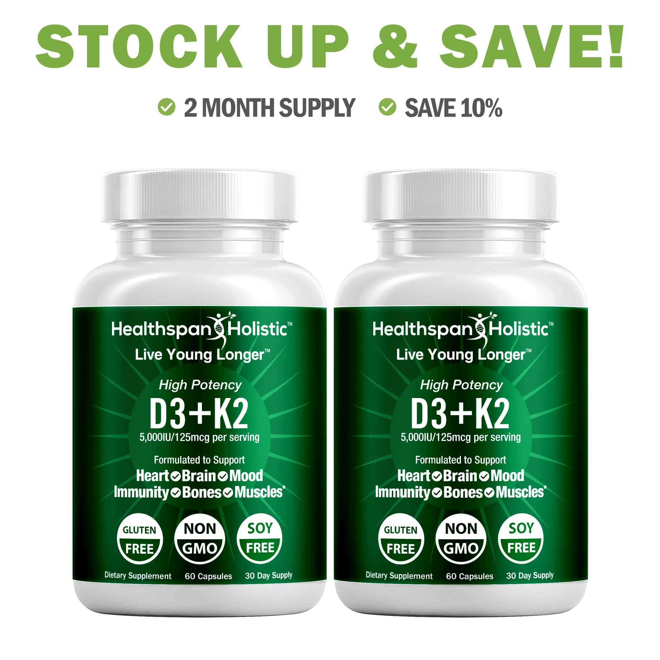 High Potency Vitamin D3 + K2 Supplement 60 Capsules