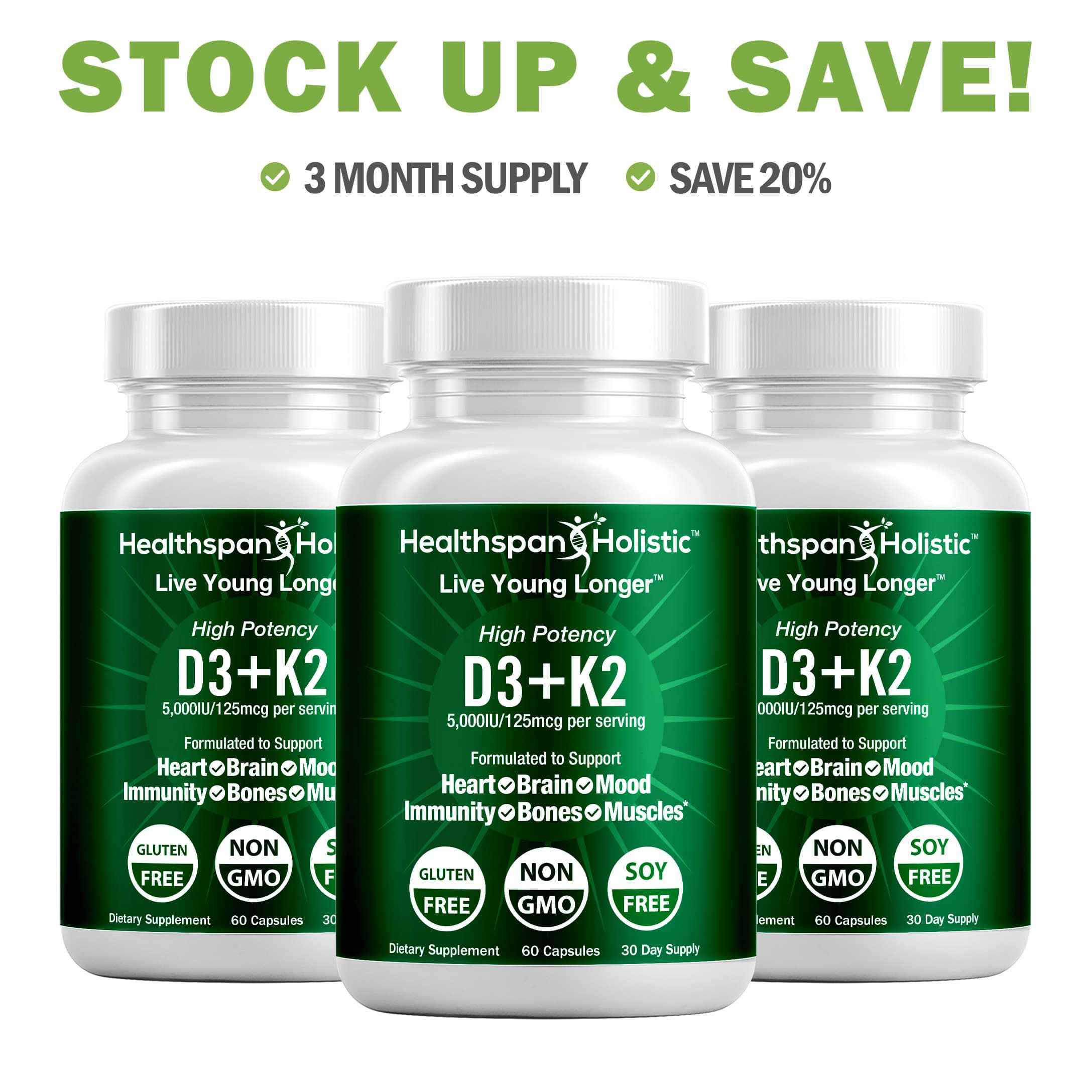 High Potency Vitamin D3 + K2 Supplement 60 Capsules