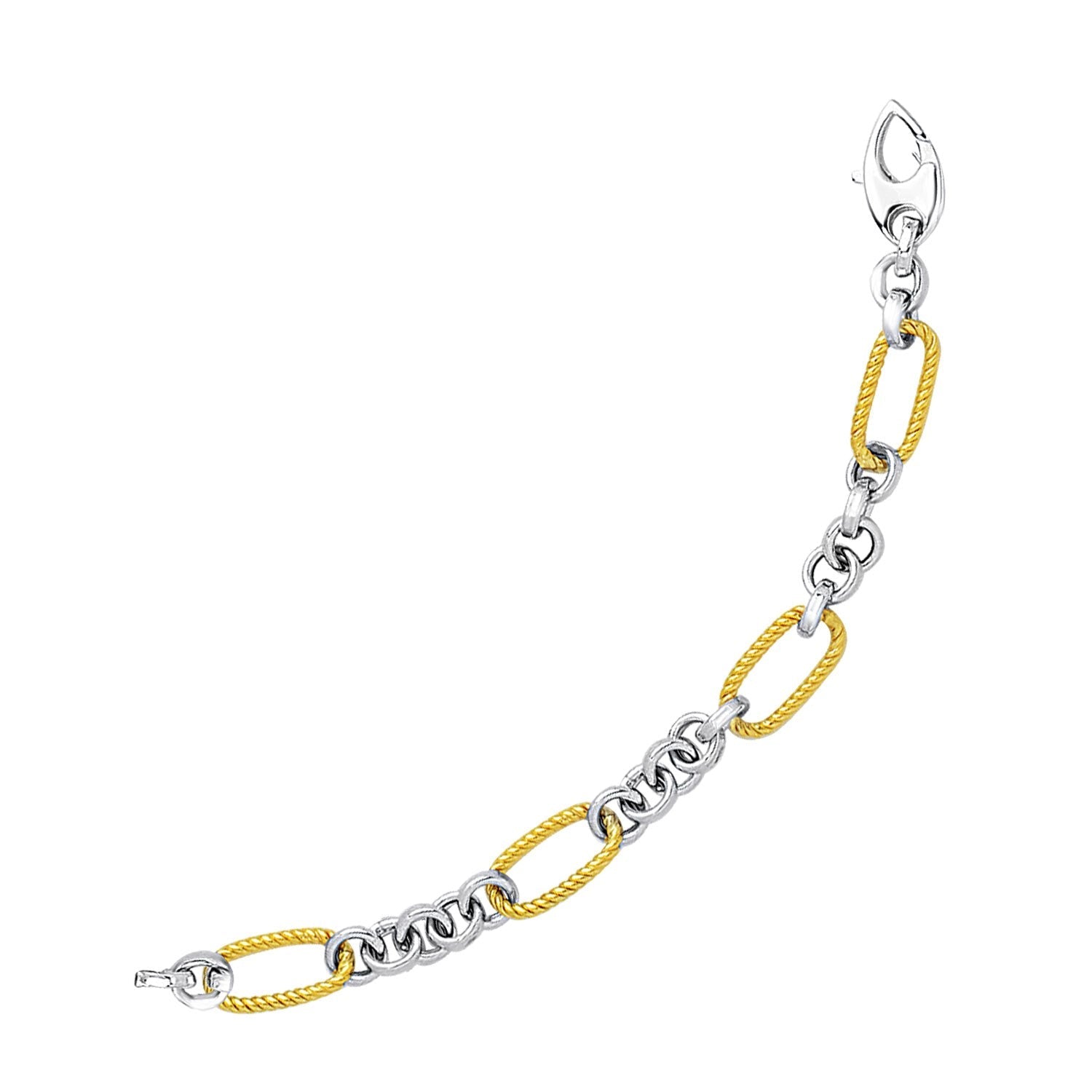 14k Two-Tone Gold Bracelet with Cable Textured Oval and Round Links by Avera Group