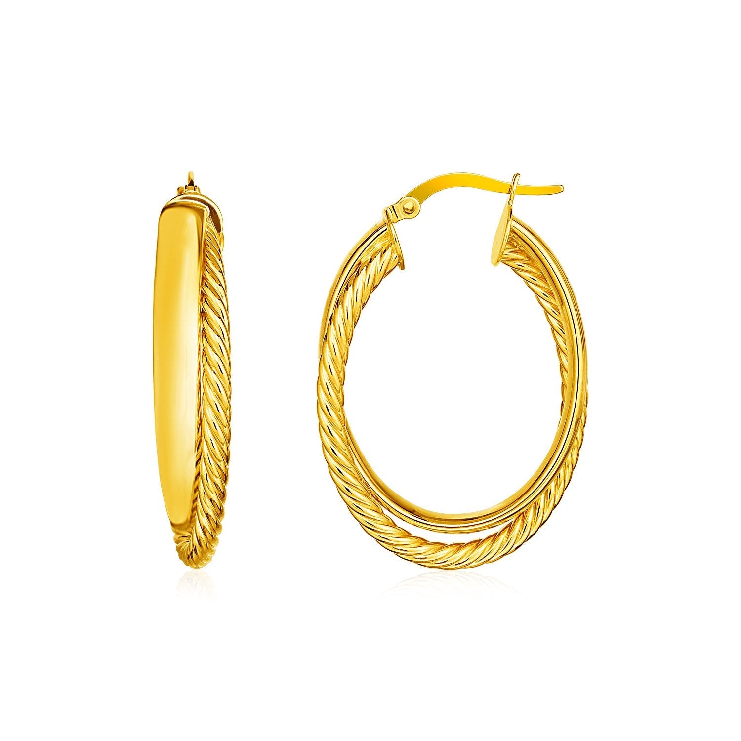 14k Yellow Gold Two Part Textured Twisted Oval Hoop Earrings - DestGlow