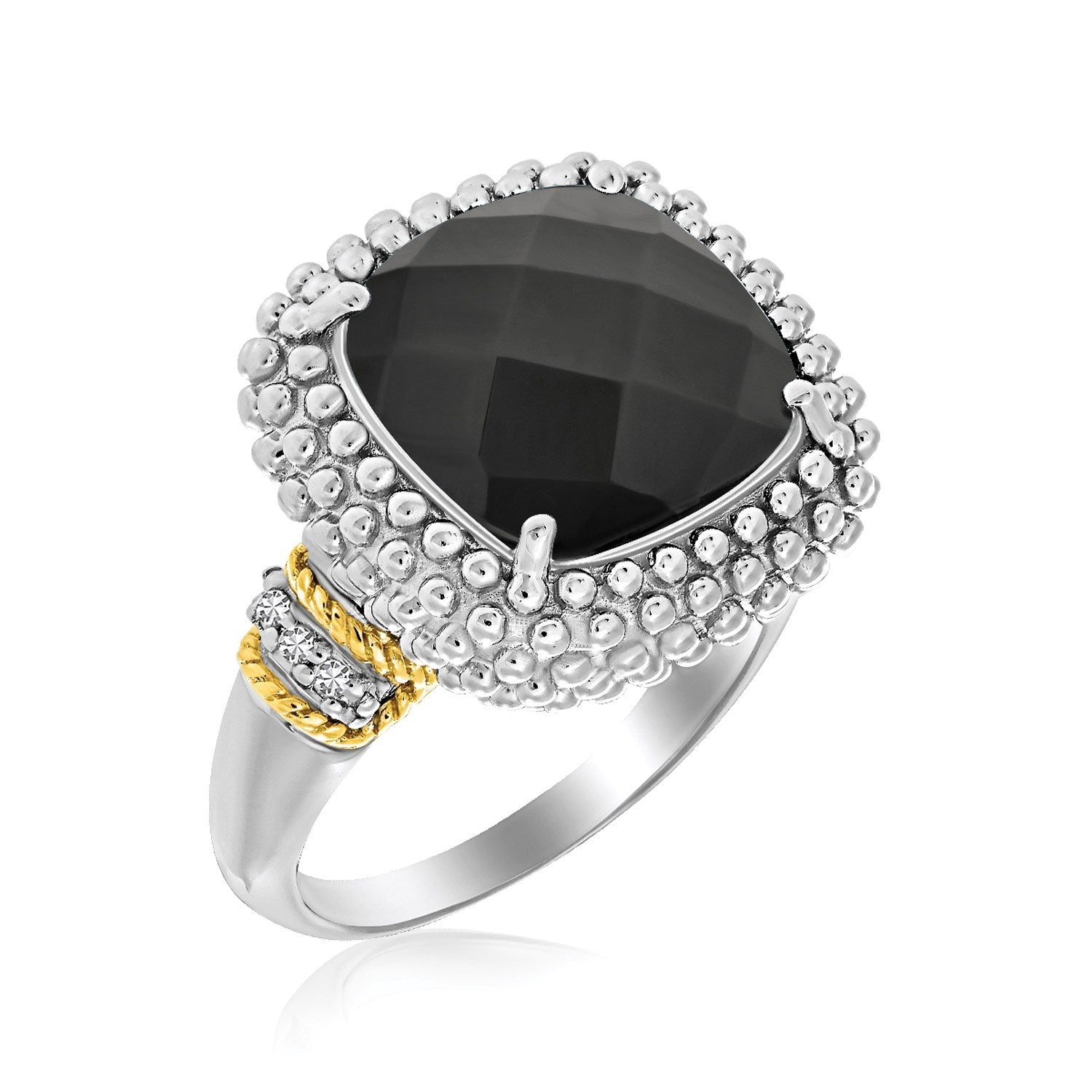 18k Yellow Gold & Sterling Silver Black Onyx and Diamond Popcorn Cushion Ring DestGlow