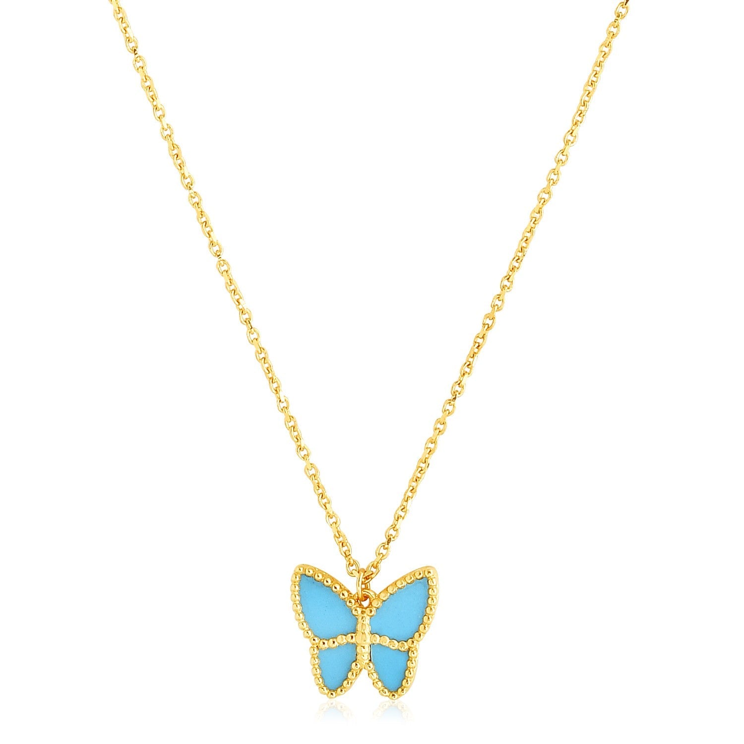 14k Yellow Gold High Polish Butterfly Turquoise Paste Necklace by Bids.com