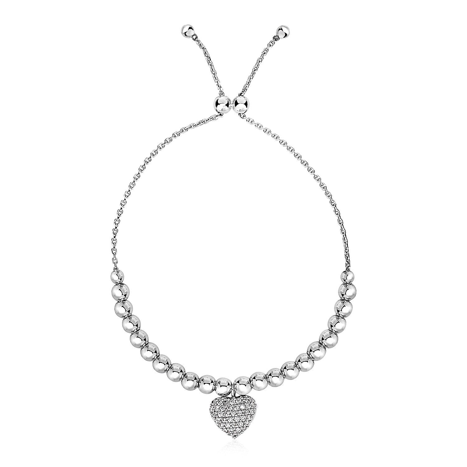 Adjustable Bead Bracelet with Round Charm Cubic Zirconias in Sterling Silver DestGlow