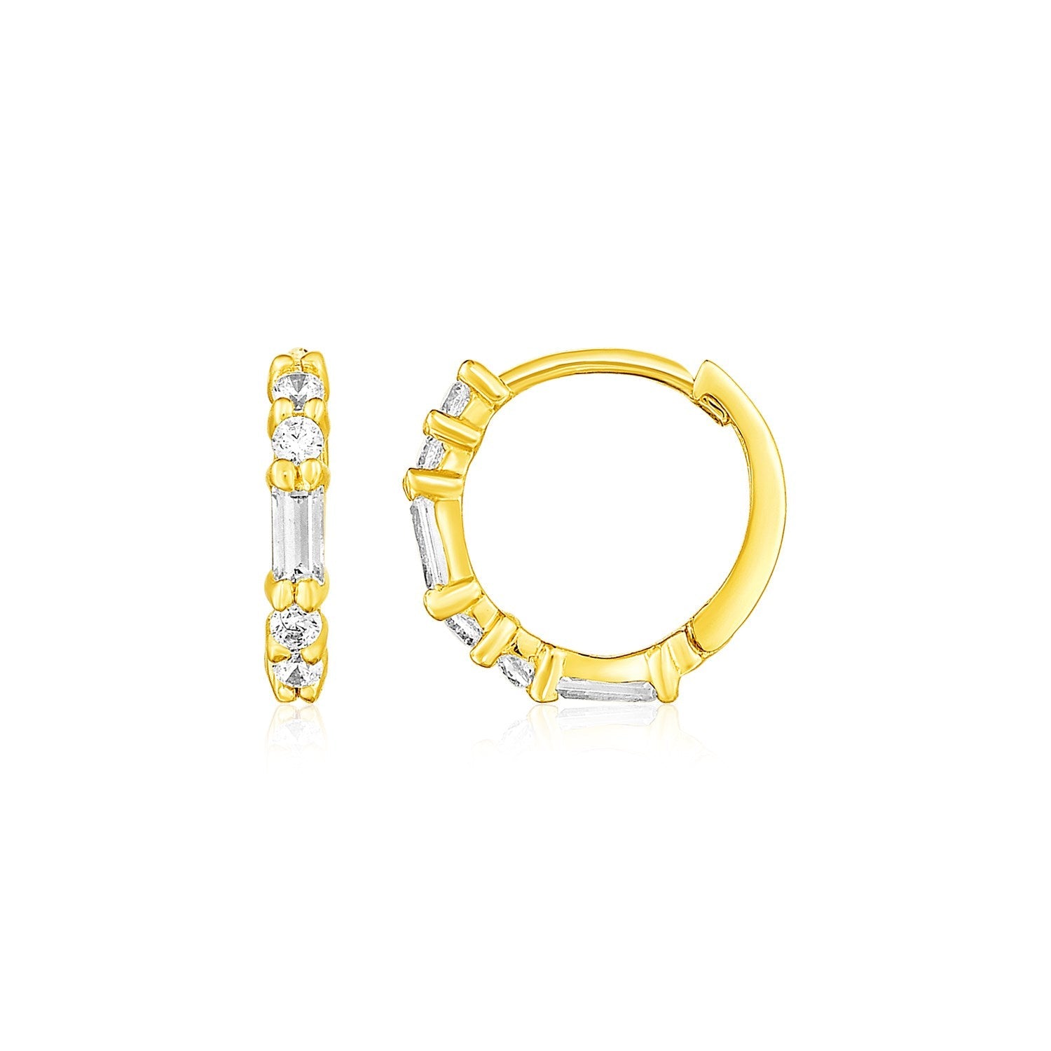 14k Yellow Gold Petite Hoop Earrings with Baguette Cubic Zirconias - earrings