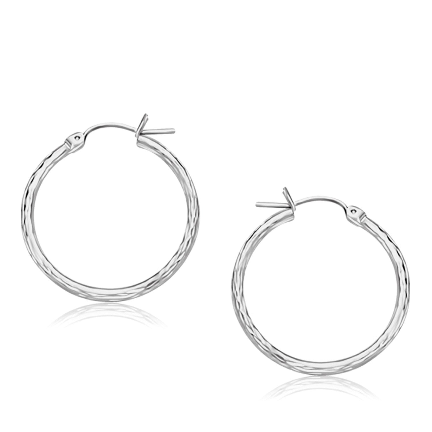 14k White Gold Diamond Cut Hoop Earrings (2x25mm) by Avera Group