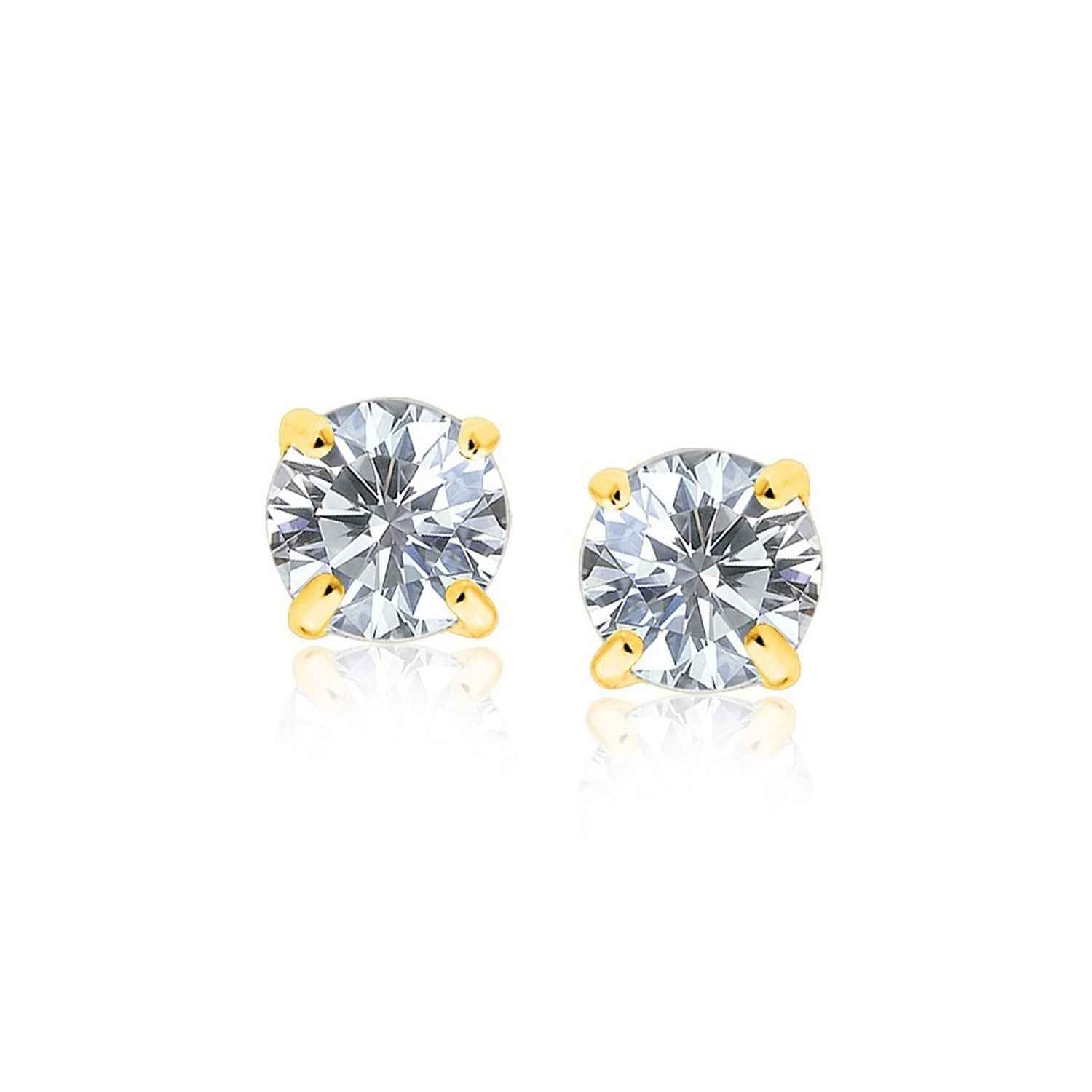 14k Yellow Gold Stud Earrings with White Hue Faceted Cubic Zirconia(7mm)