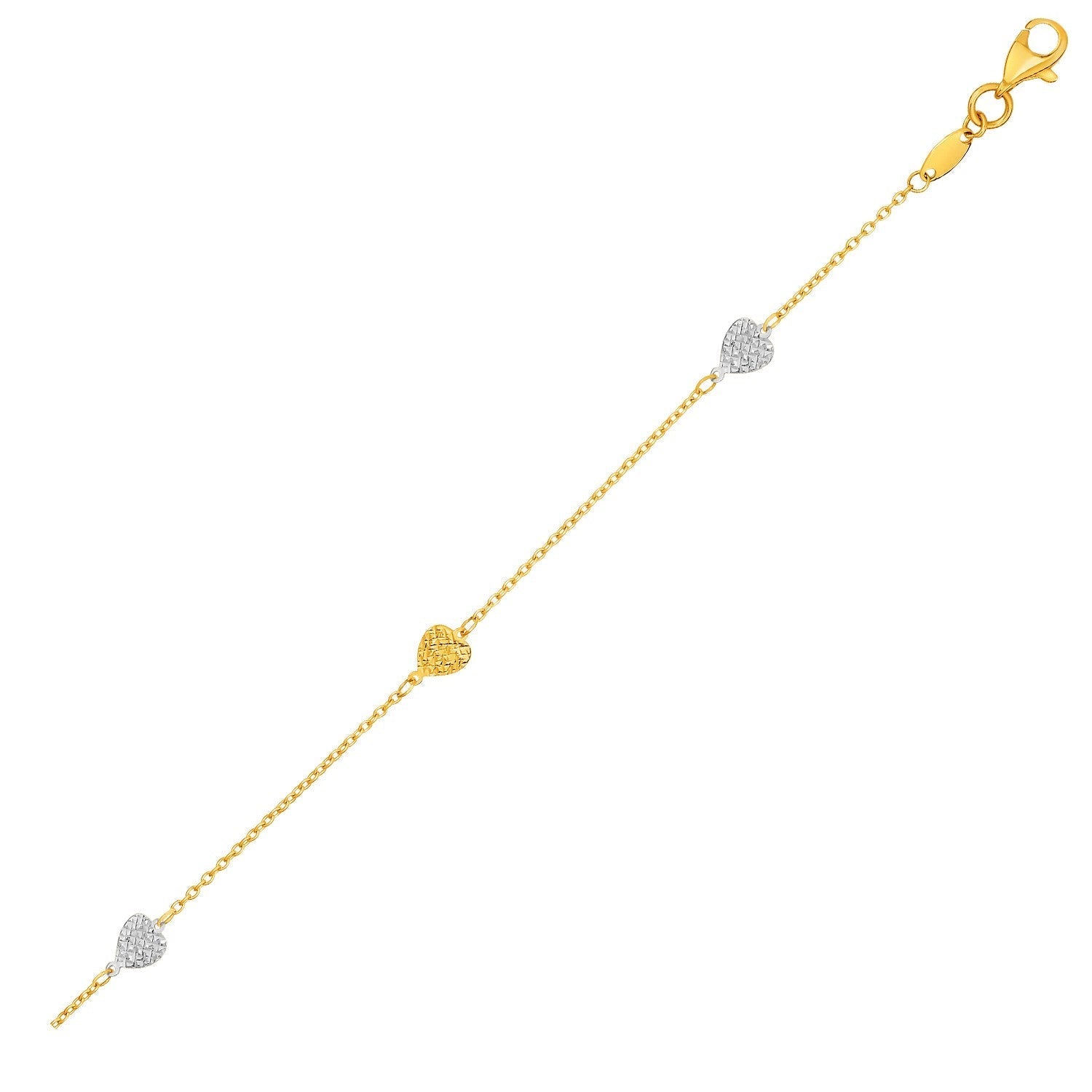 14k Two-Toned Yellow and White Gold Anklet with Textured Hearts DestGlow