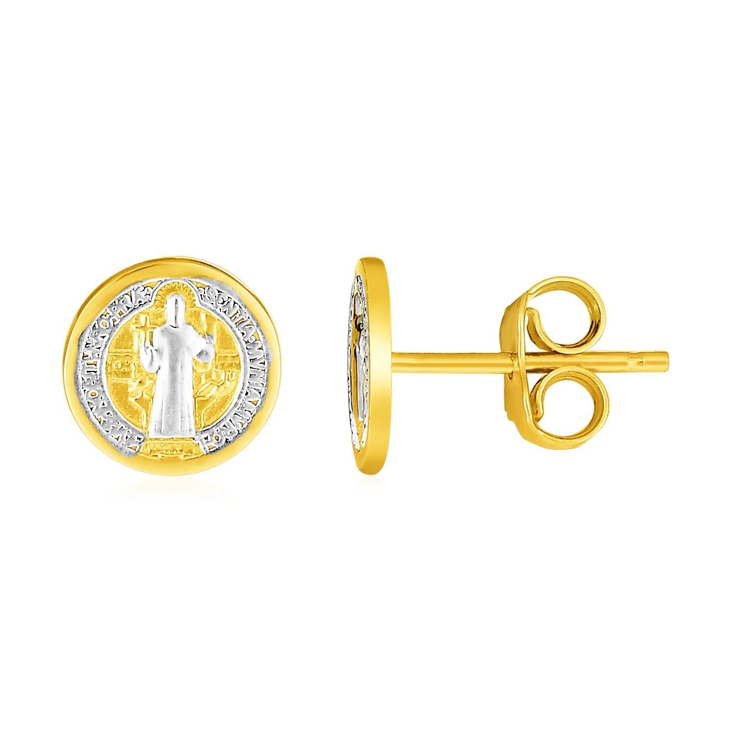 14k Two Tone Gold Round Religious Medal Post Earrings DestGlow