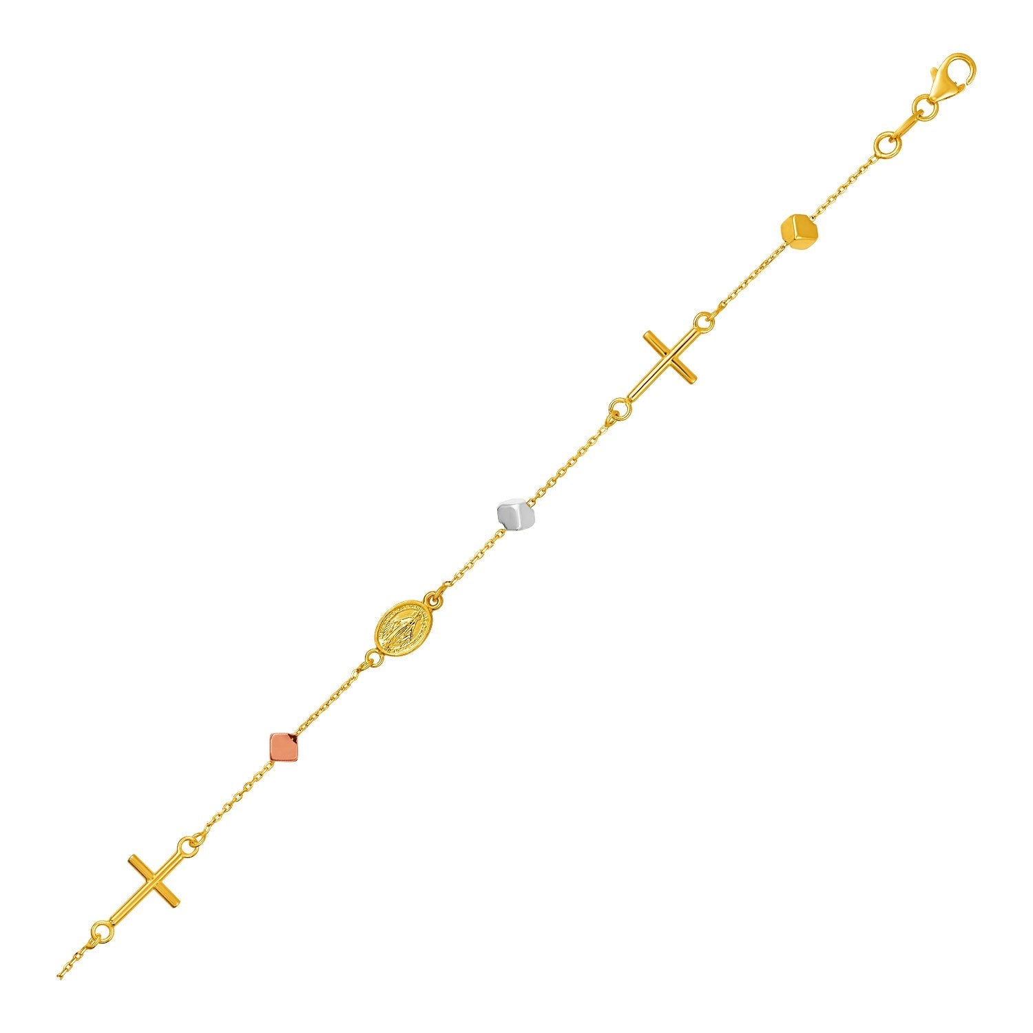 14k Tri Color Gold Bracelet with Crosses Cubes and Medallions by Bids.com