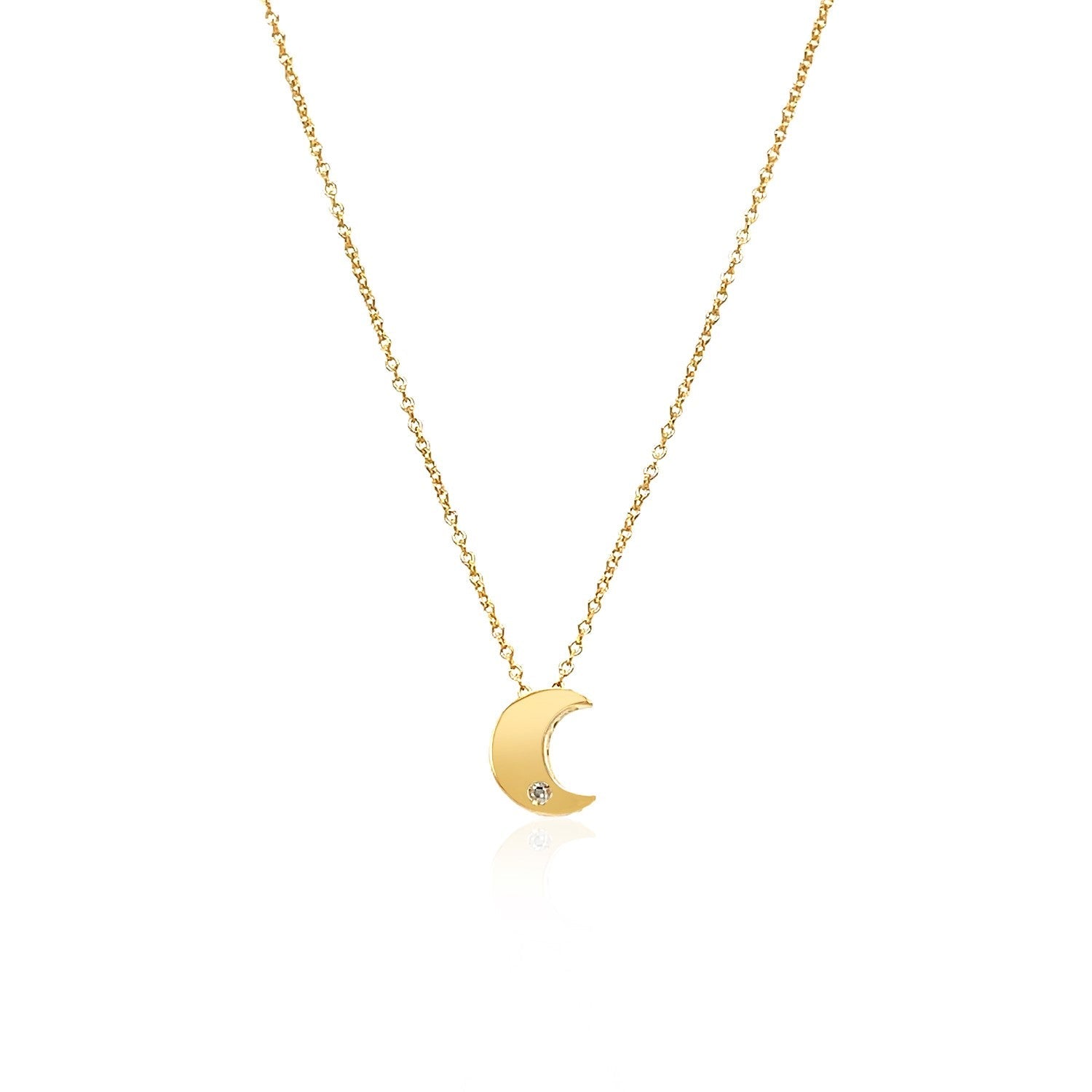 14k Yellow Gold Polished Moon Necklace with Diamond - DestGlow