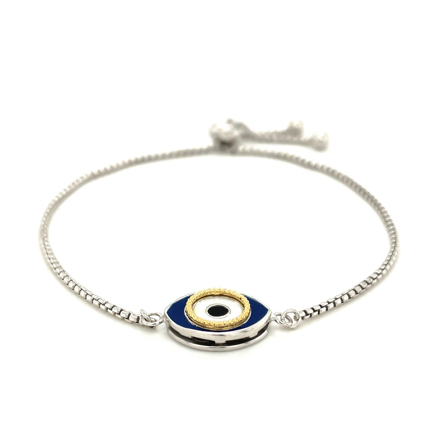Sterling Silver Adjustable Two Toned Enameled Evil Eye Friendship Bracelet (1.00 mm) - DestGlow