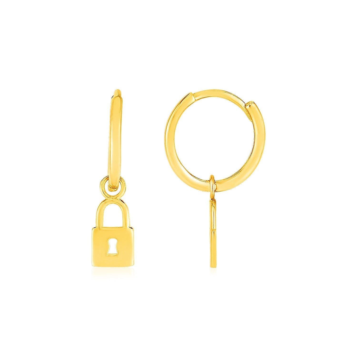 14k Yellow Gold Huggie Style Hoop Earrings with Padlock Drops DestGlow