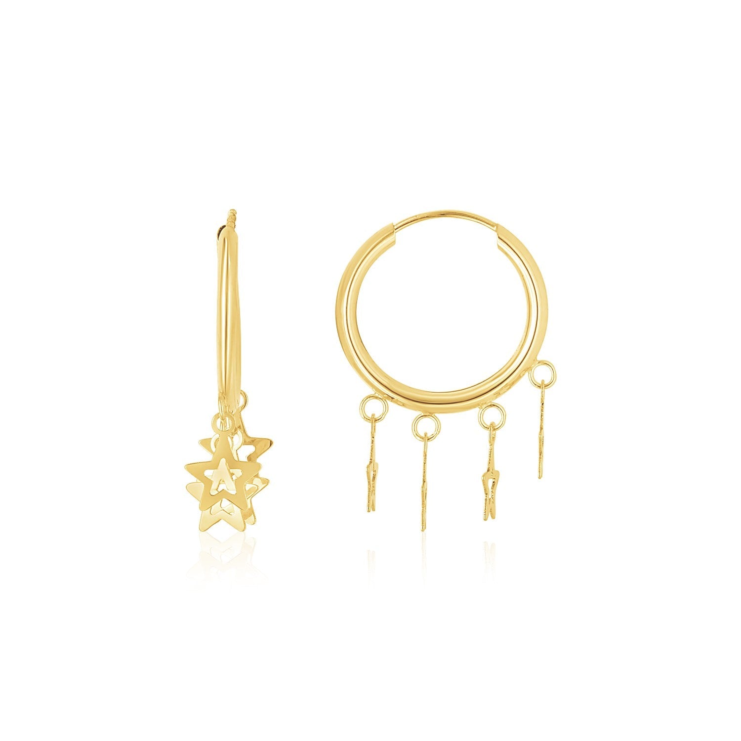 14K Yellow Gold Endless Star Charm Huggie Hoop Earrings - earrings